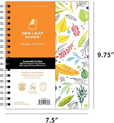 Miniatura 10 de Cuaderno pequeño de diseño encuadernado en espiral, diseño de acuarela, 9.75 x 7.5 pulgadas, 70 hojas, páginas 100% recicladas con rayas