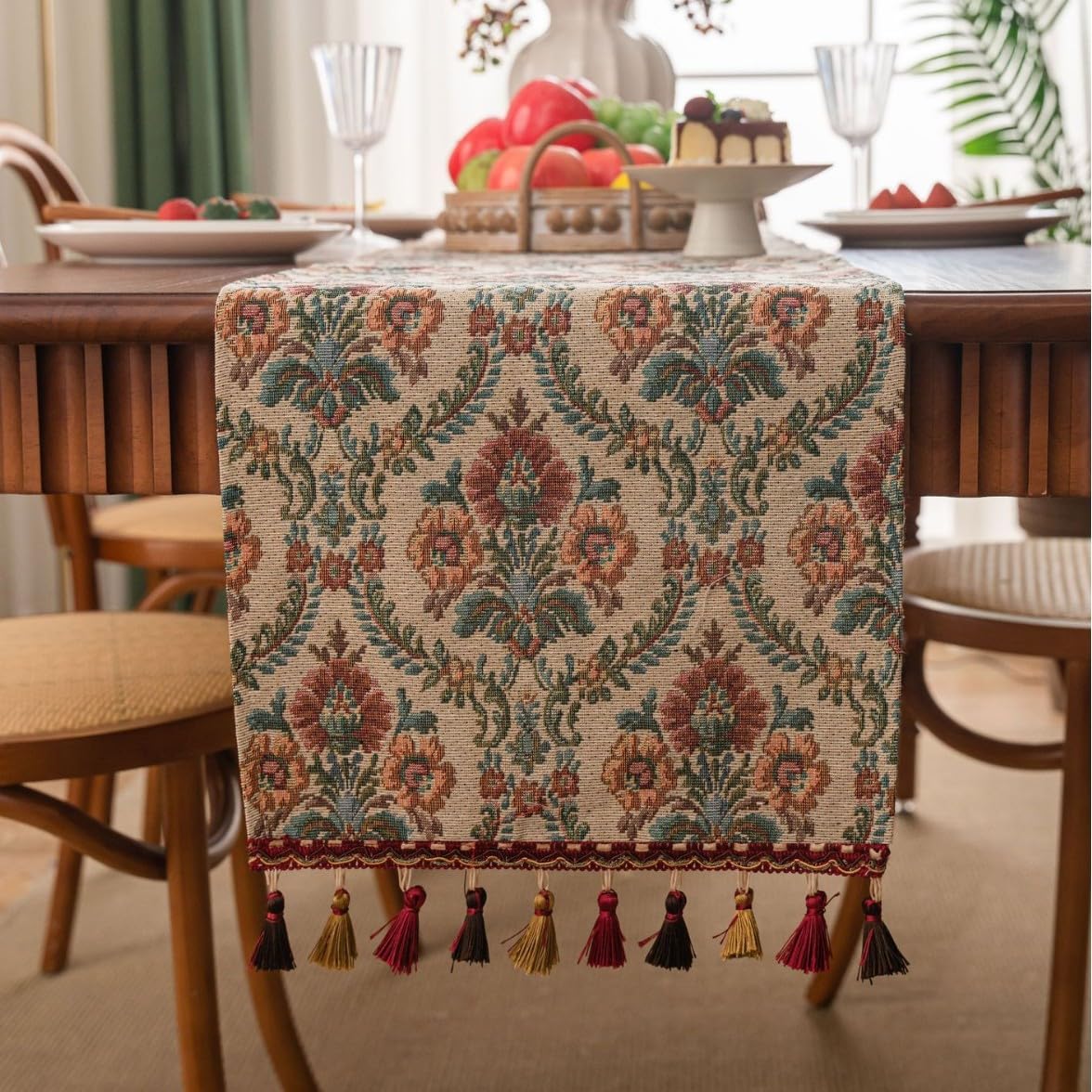 Table Runner Embroidered Damask Table Runner Non Slip Lining For Furniture with Tassel for Home Christmas Party Restaurants(F,33-275)