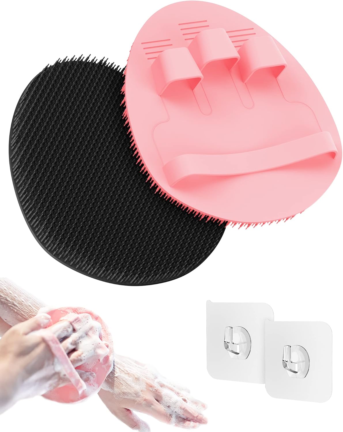 Product image of Manmihealth Soft Silicone Shower Brush, Super-Lathering and Deep-Cleaning Body & Face Scrubber, Gentle Exfoliating Bath Glove for All Skin Types, with 2 Free Hooks.(Black + Pink)
