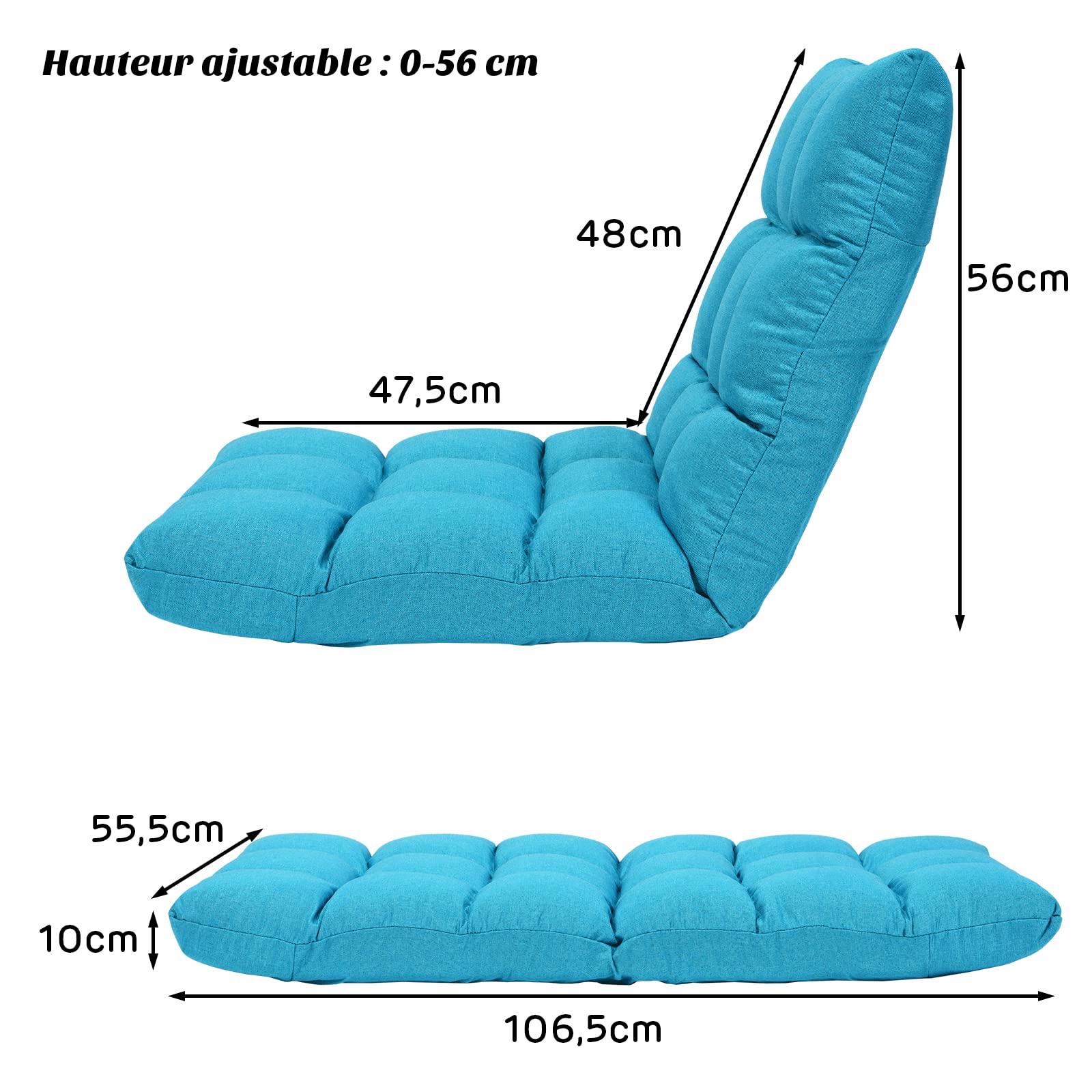 COSTWAY Chaise de Sol pour Méditation - 14 Positions Réglable Cadre en Acier Robuste Tissu en Coton et Lin Respirant,Housse Amovible et Lavable Idéal pour Salon et Salle d'étude (Bleu Poan)