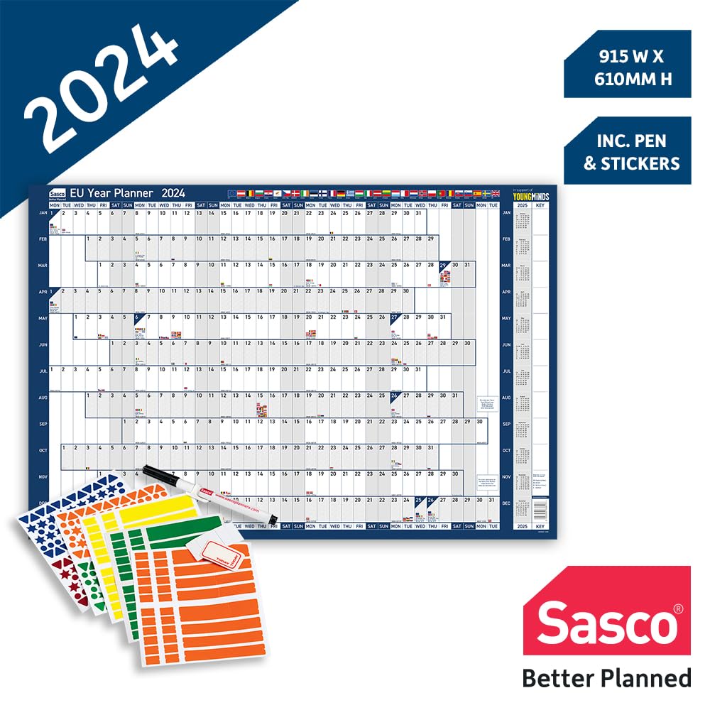 Sasco 2024 EU Yearly Wall Planner Set, Paper Whiteboard Style Dry Erase Calendar - Image 2
