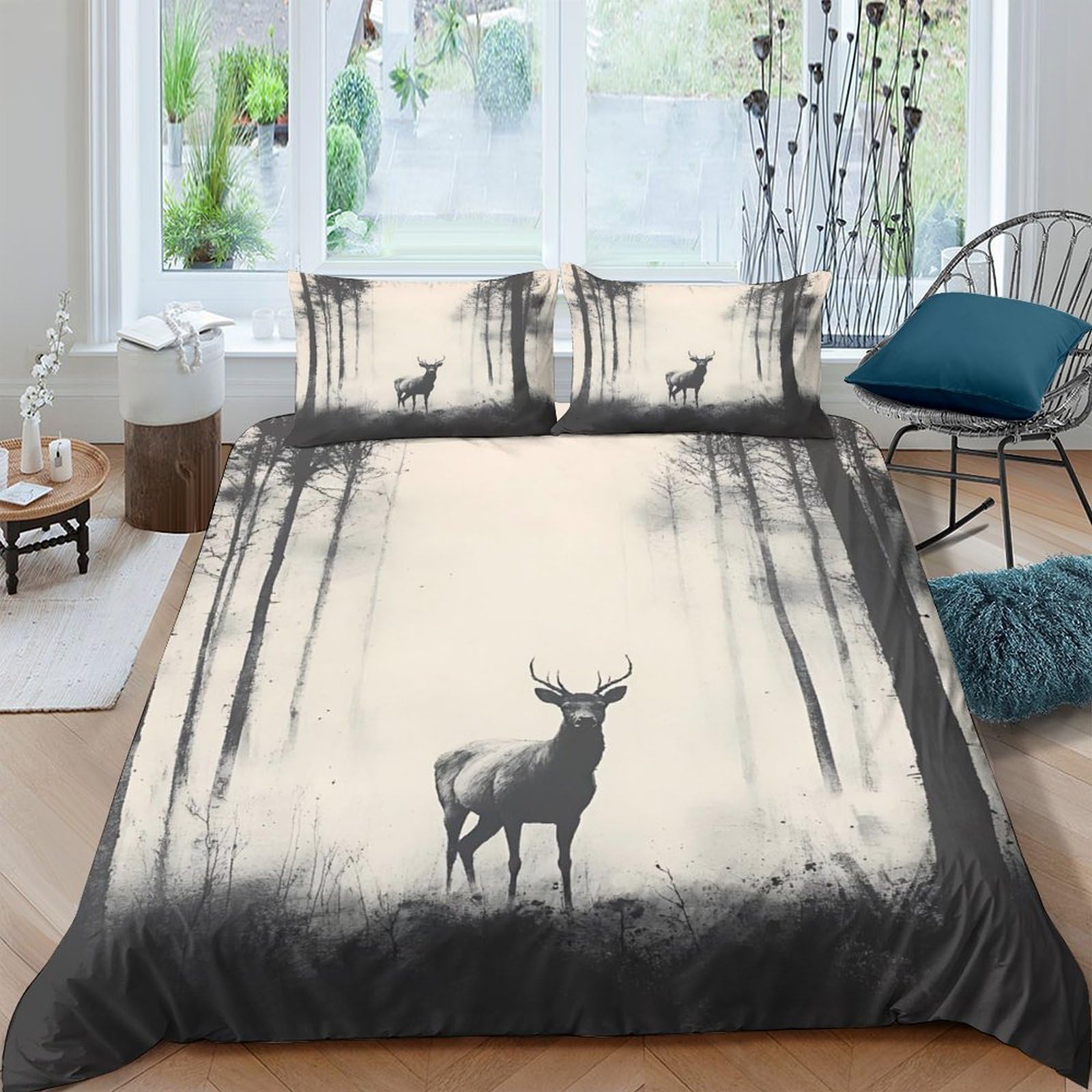 Ctjqhvkz Style-4 3D Printed Forest Deer Fitted Sheet Microfiber Soft Breathable Woodland Silhouette Bed Cover For Bedroom Dorm Decor Single（135X200cm）