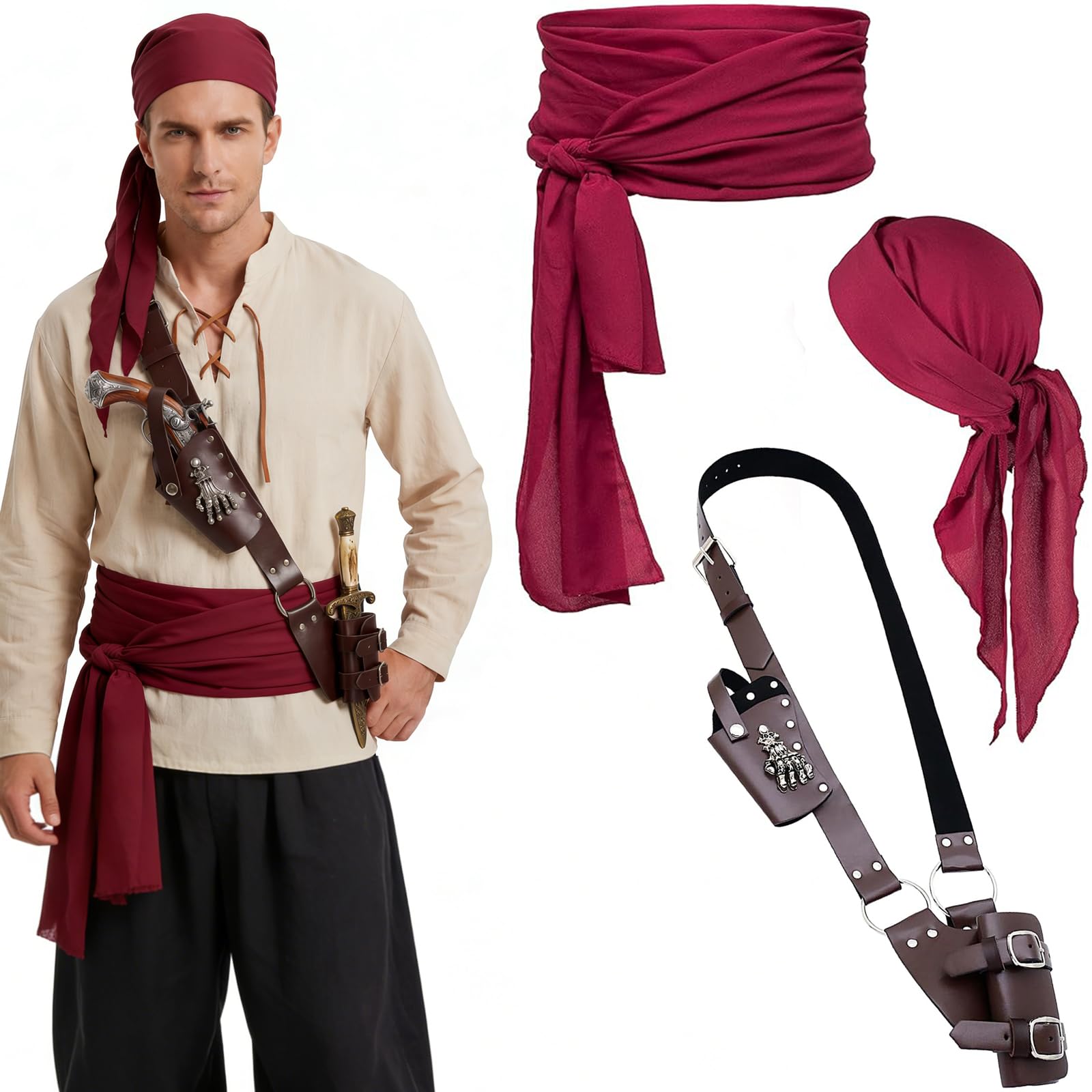 KOTORA Pirate Costume Pirate Head Scarf Bandanas Belt Waist Sash Medieval Belt Pouch Coin Purse Leather Hook Festival Sets (Corss-Brown)