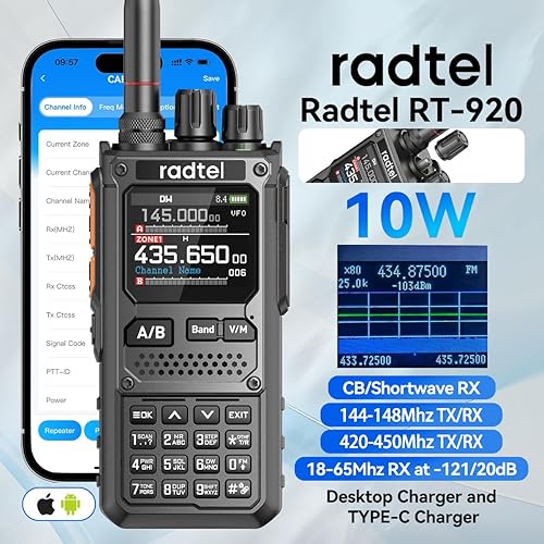 Miniatura 2 de Radtel RT-920 Walkie Talkie 8W Radio de mano bidireccional programable Bluetooth de largo alcance, SW MW LW CB 27MHz -126dBm Recibir SSB AM FM
