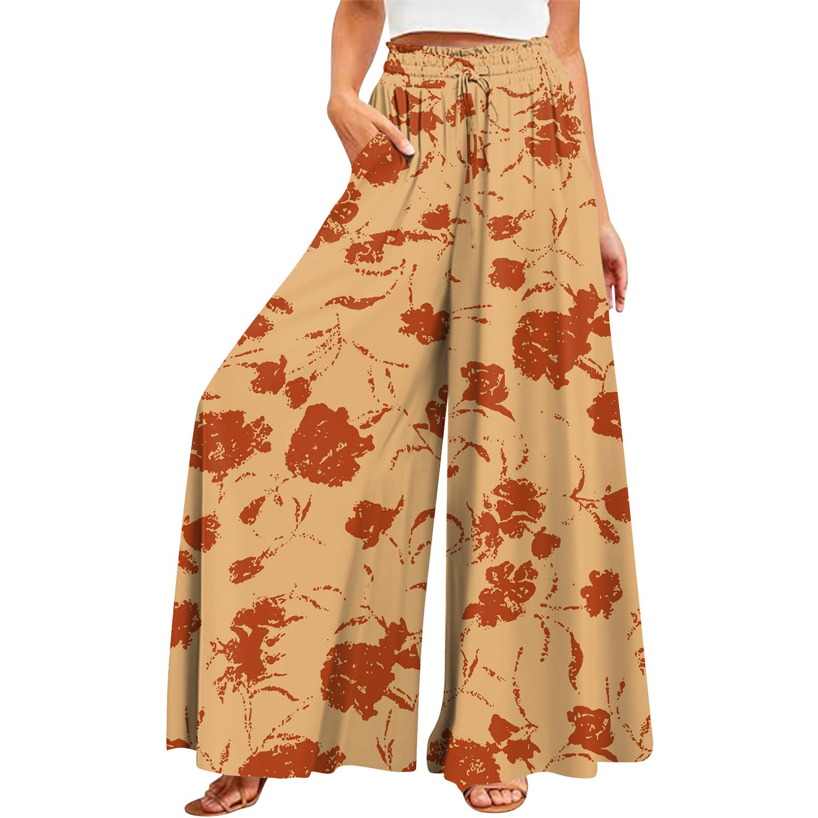 Women's 2025 Summer Wide Leg Palazzo Pants High Waisted Flowy Pockets Trendy Casual Lounge Boho Beach Trouser