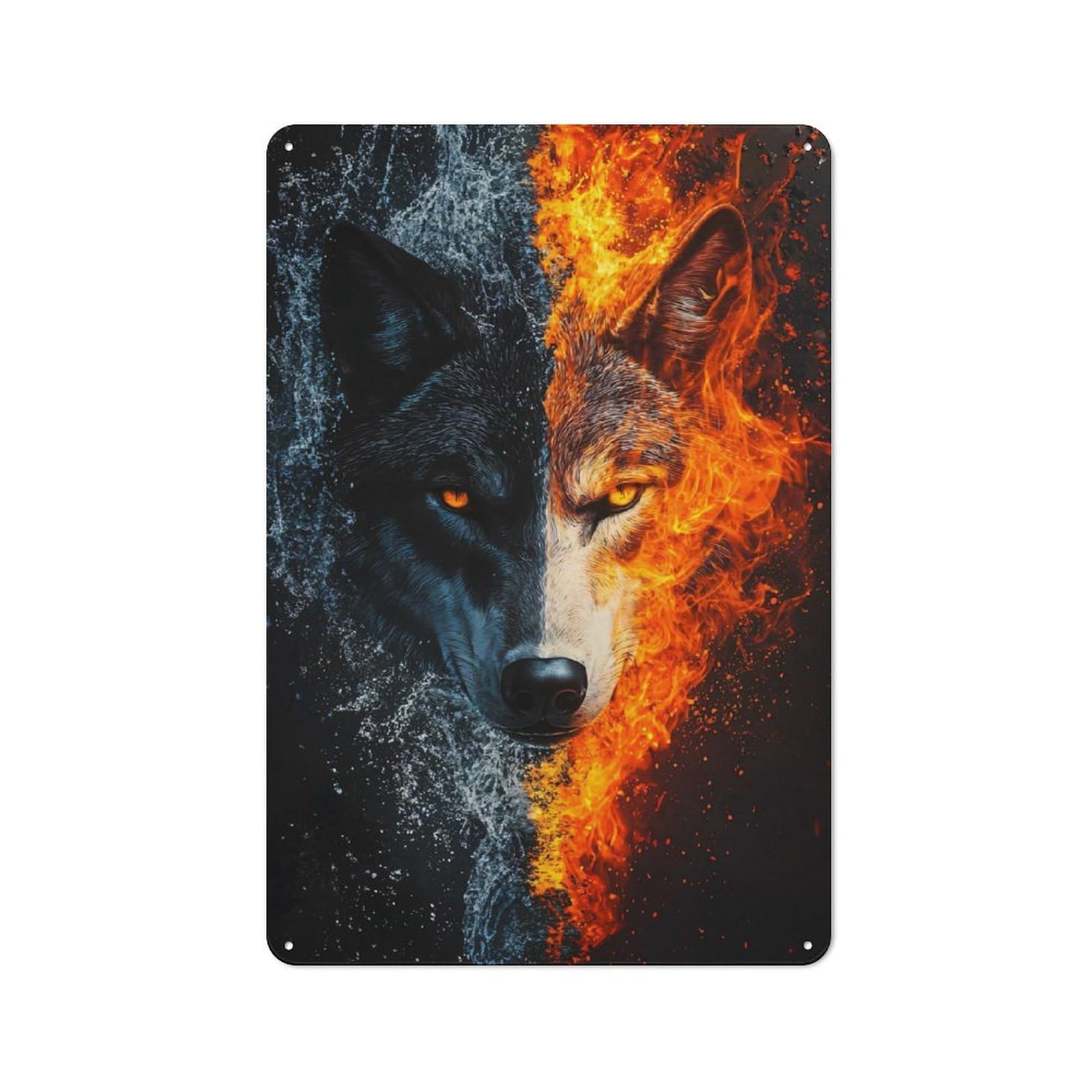 Junmoney Style-18 Metal Gift Sign With Fire And Water Wolf Design 30X20cm, Character Room Wall Plaque For Flat, Dorm Room, Lounge Or Cafe