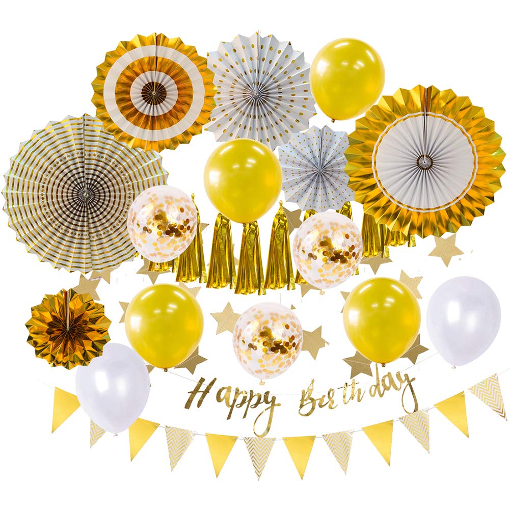 Birthday Party Decorations Gold, Happy Birthday Banners with Confetti Balloons, Dots Gold Paper Fans Party Supplies for Kids