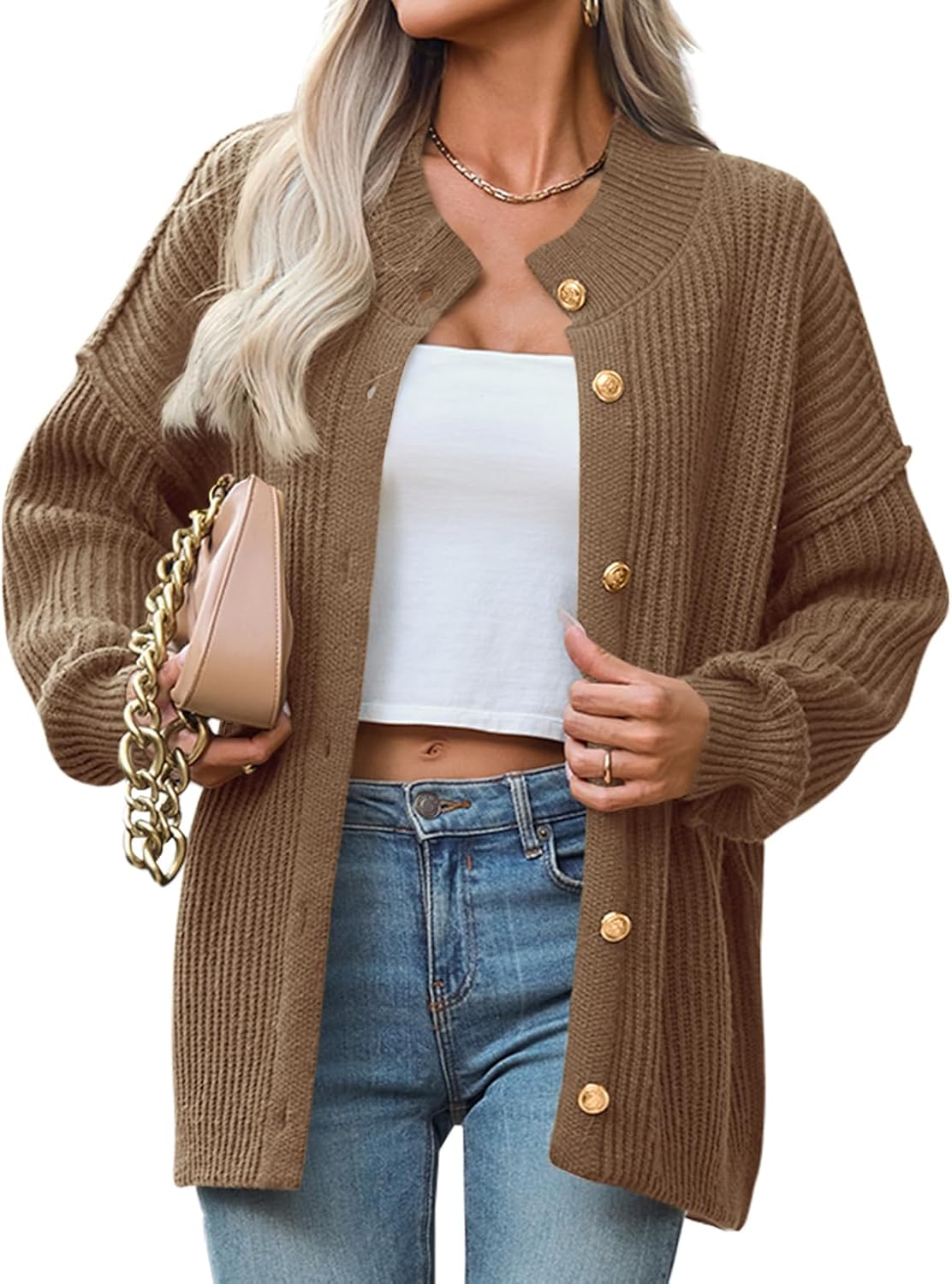 Saodimallsu Womens Button Down Cardigan Sweaters Oversized Lantern Sleeve Knit Jacket Winter Mock Neck Outwear Trendy Coats