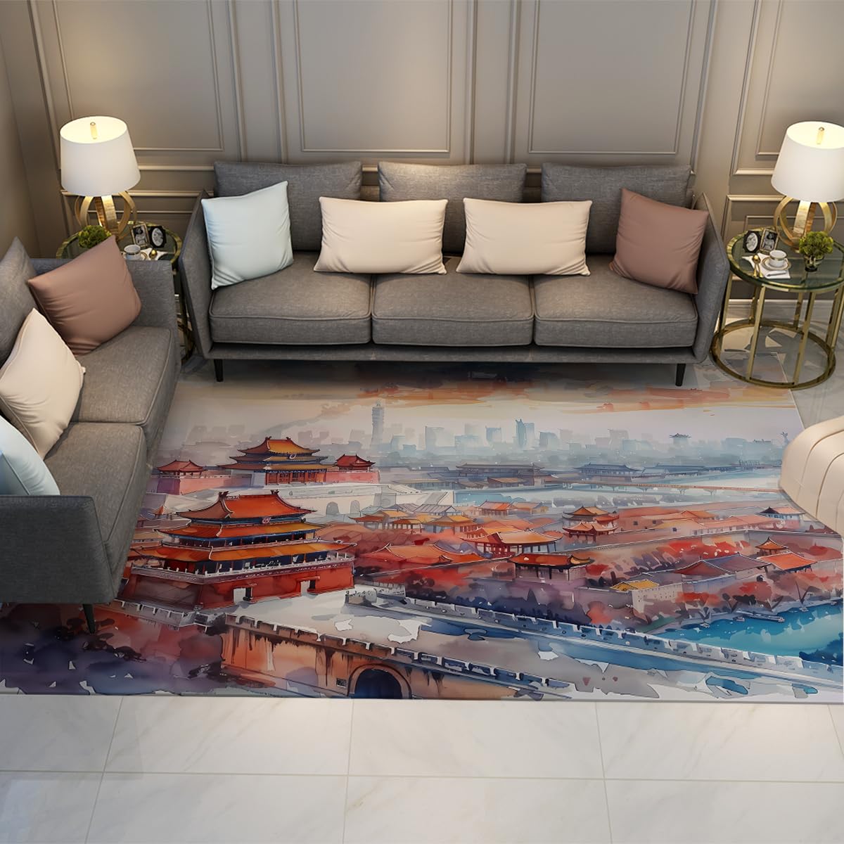 Tapis vintage rétro lavable en machine grand format doux fin