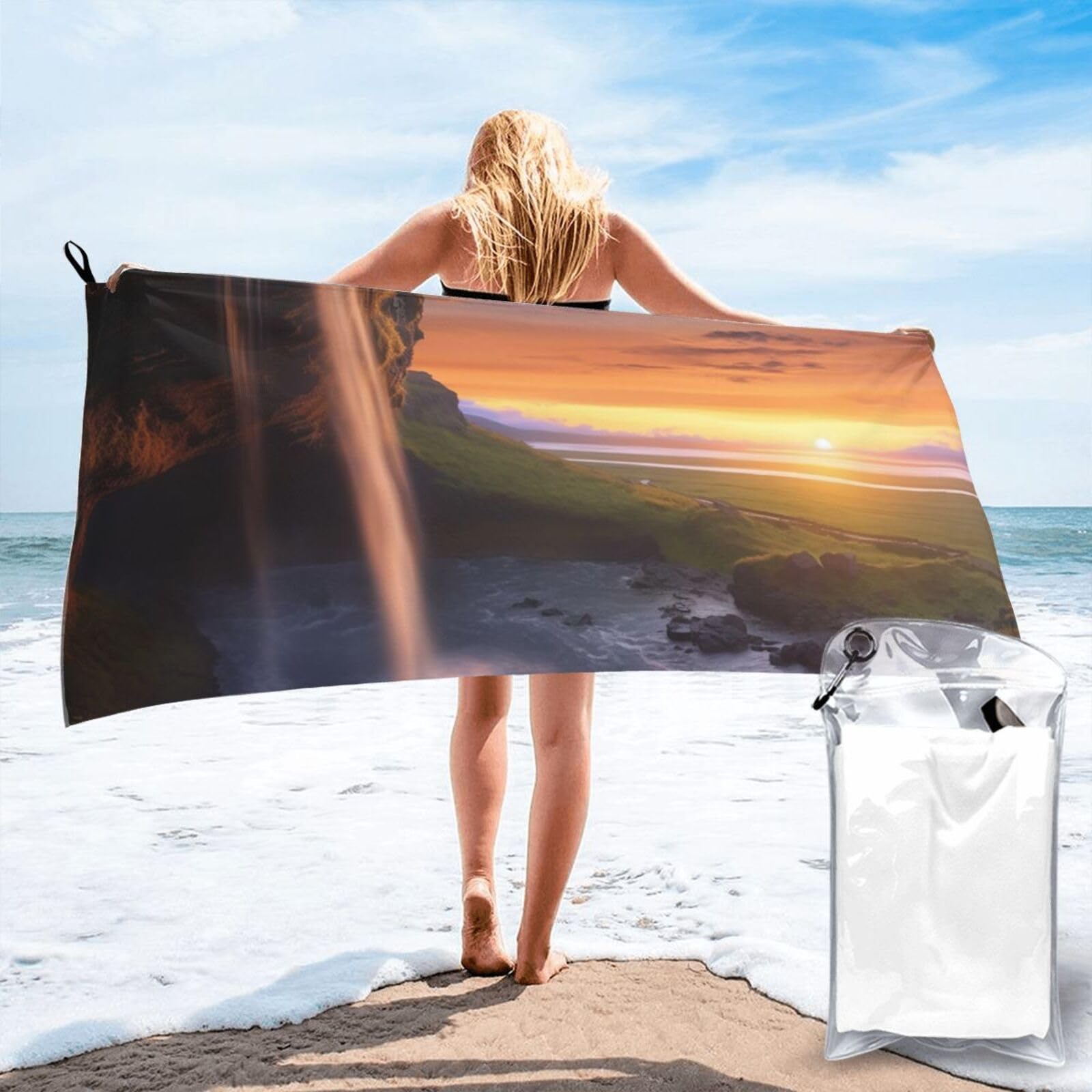 DWVTSLH Microfiber Sand Free Beach Towel 27.5"x55", Quick Dry Absorbent Travel Towel Large Camping Blanket, Waterfall at Sunset Bath Towels Lightweight Pool Swim Towels for Vacation Essentials