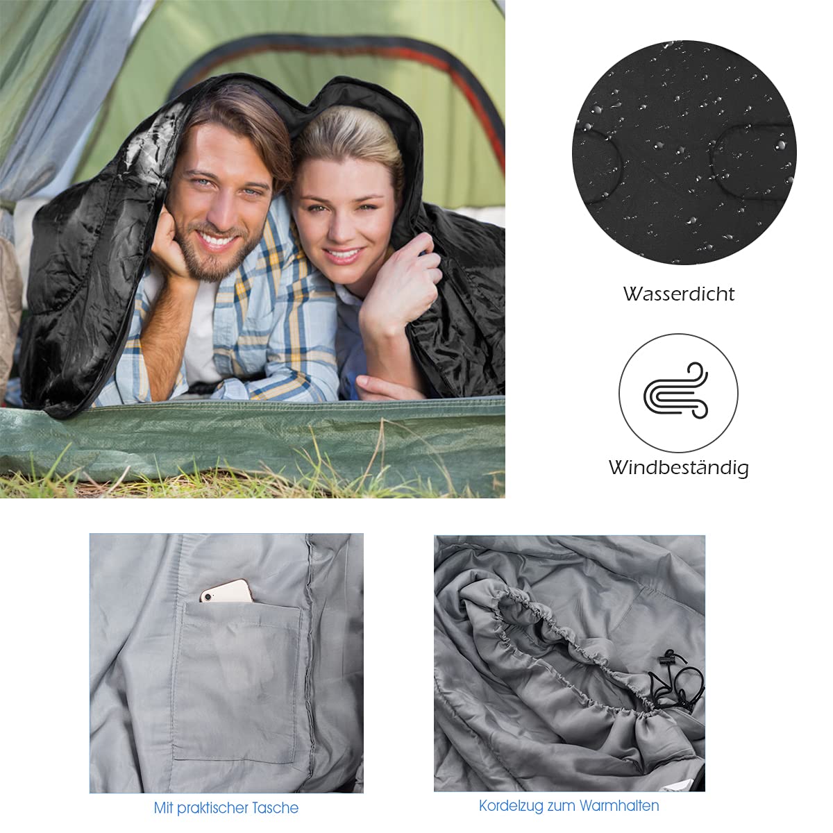 RELAX4LIFE Saco de Dormir Doble con 2 Almohadas y Bolsa de Transporte, Saco de Dormir Multifuncional con Bolsillos Laterales y Diseño Divisible para Adultos y Niños