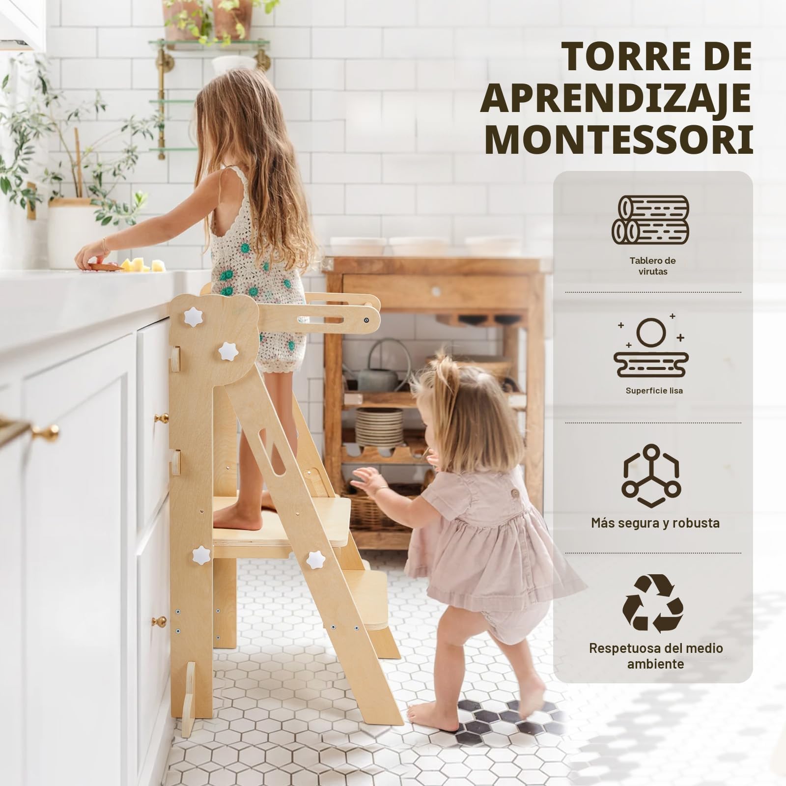 Labebe Torre de Aprendizaje Plegable 3 en 1 Multifuncional Ajustable en Altura y Ancho Madera