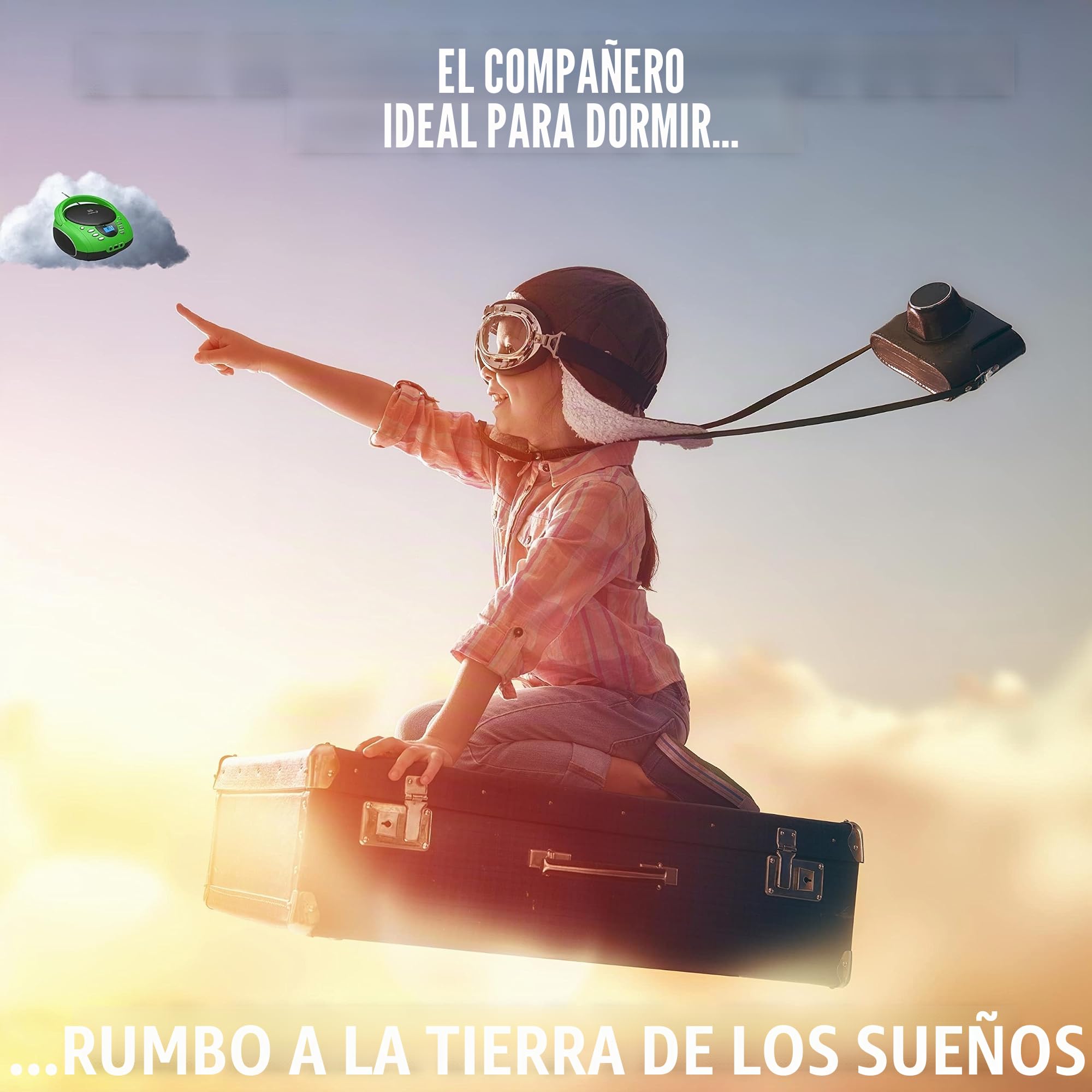 Boombox portátil | CD/CD-R | USB | Reproductor de Radio FM | Entrada AUX | Conector para Auriculares | Radio Infantil | Sistema estéreo | Sistema Compacto (Golo Green)