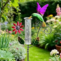 RNPKZ Regenmesser für Garten Frostsicher, Outdoor Regenmesser Glas Regenwassermesser, Vogel Regenmengenmesser mit Erdspieß Metall, Niederschlagsmesser, Regenmesser für Garten, Rasen, Terrasse (Bunt)