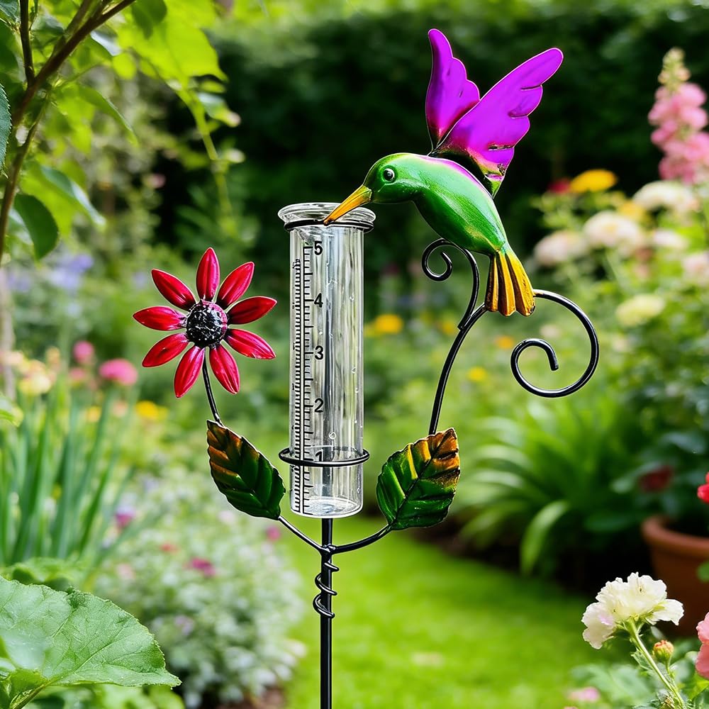 RNPKZ Regenmesser für Garten Frostsicher, Outdoor Regenmesser Glas Regenwassermesser, Vogel Regenmengenmesser mit Erdspieß Metall, Niederschlagsmesser, Regenmesser für Garten, Rasen, Terrasse (Bunt) - 2