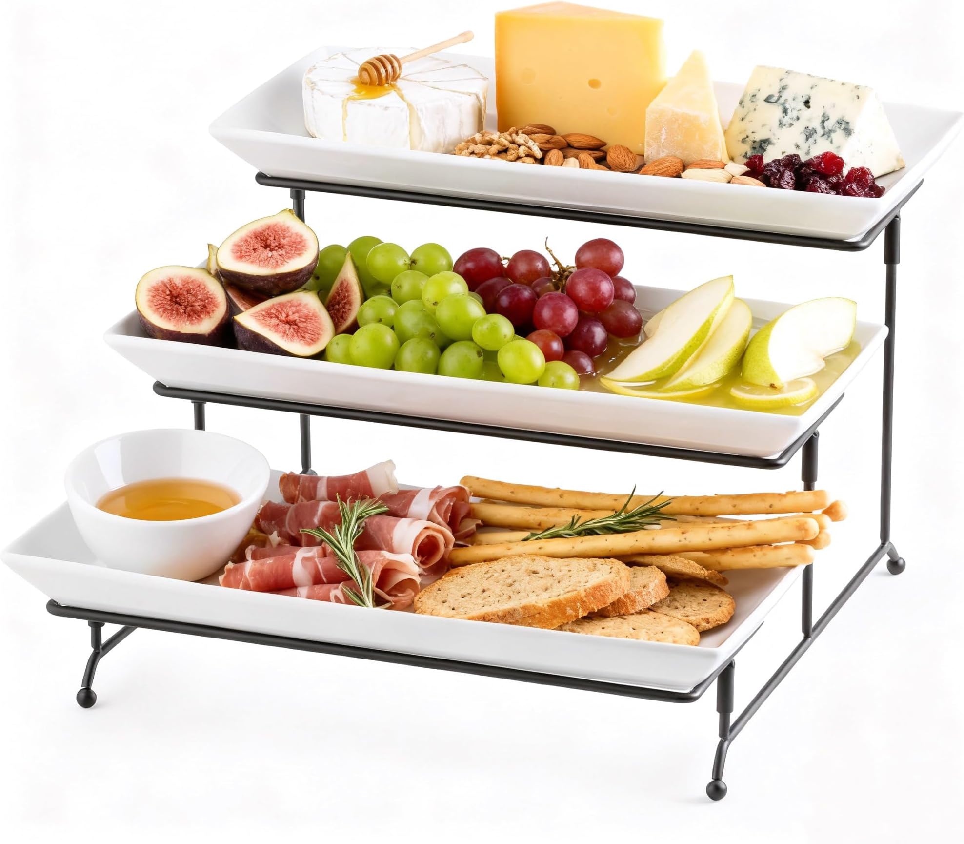 3 Tier Serving Trays Stand 14 Inches Serving Platters Rectangular Large Serving Plates for Mothers Day Party Display Set Collapsible Sturdier Rack, White Serving Trays and Platters