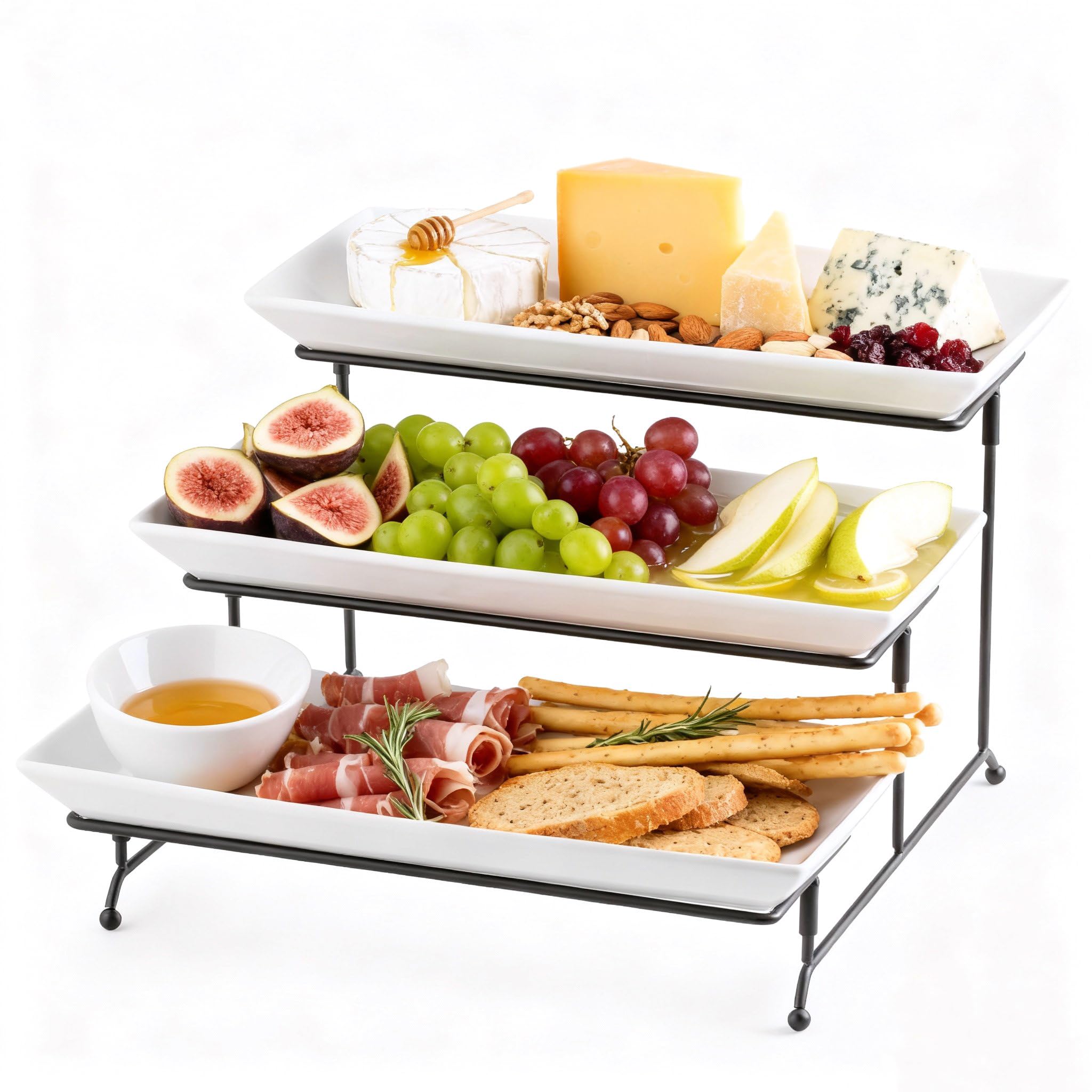 3 Tier Serving Trays Stand 14 Inches Serving Platters Rectangular Large Serving Plates for Party Display Set Collapsible Sturdier Rack, White Serving Trays and Platters