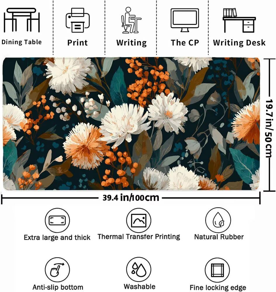 Biała podkładka pod mysz dla graczy, podkładka pod mysz XXL 1000 x 500 x 3 mm, mata na biurko w kwiaty ze zszytymi krawędziami i gumową podstawą, wodoodporna podkładka pod mysz nadaje się do biura