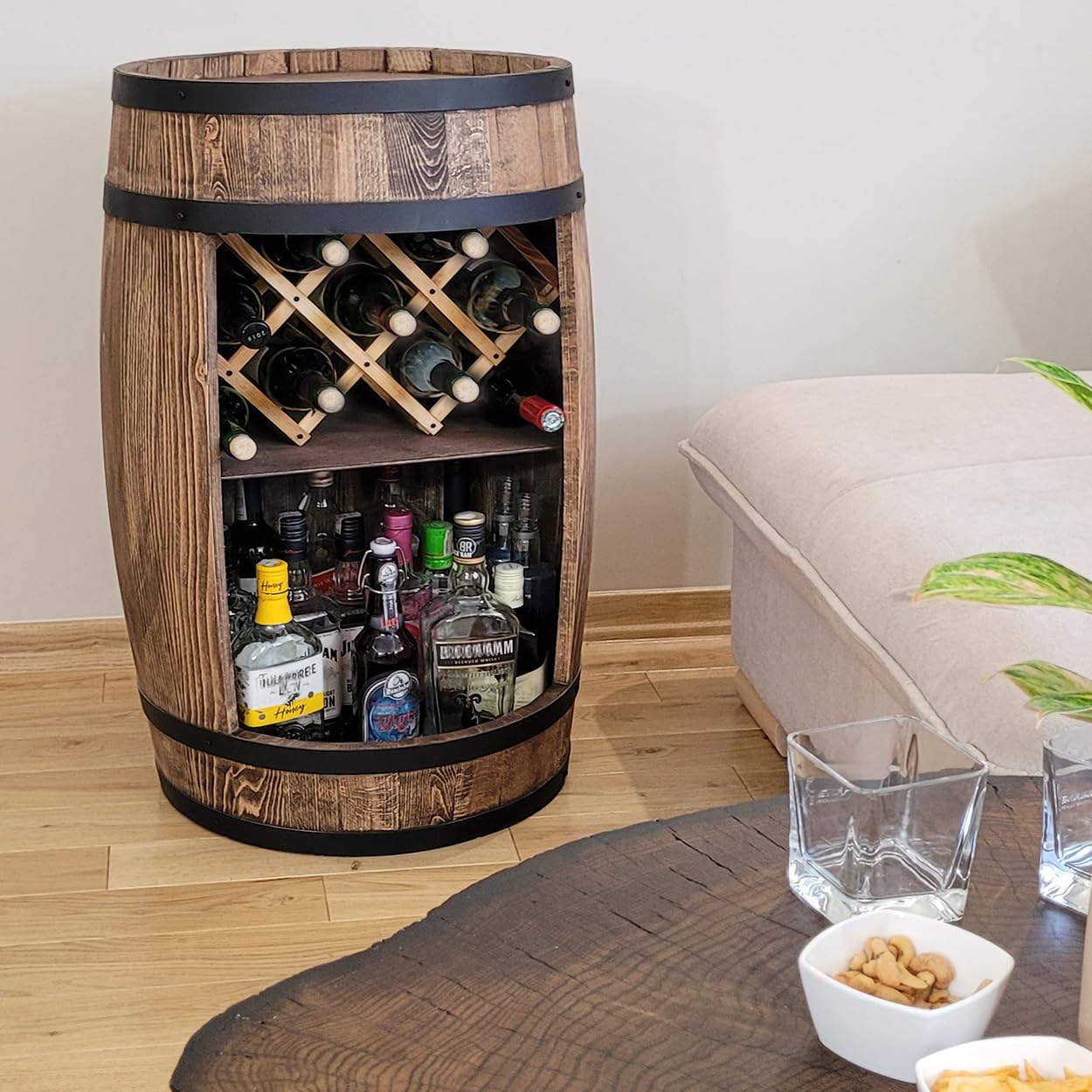 Barril de Madera Con Soporte para Vinos, 80 x 50 cm, Minibar, Whisky
