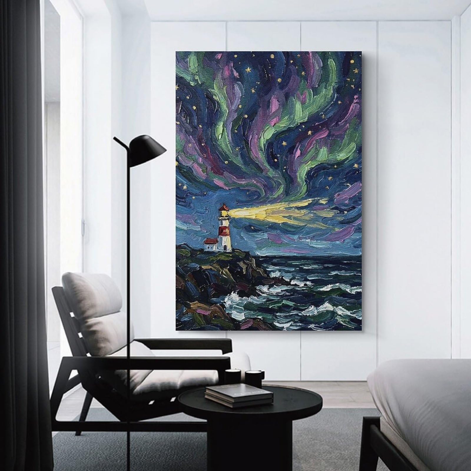 Junmoney Lighthouse Under The Northern Lights Canvas Art Print, 24x36inch(60x90cm), for Hallway, Bedroom Or Modern Interiors, A Wall Art Gift for Fresh Interiors