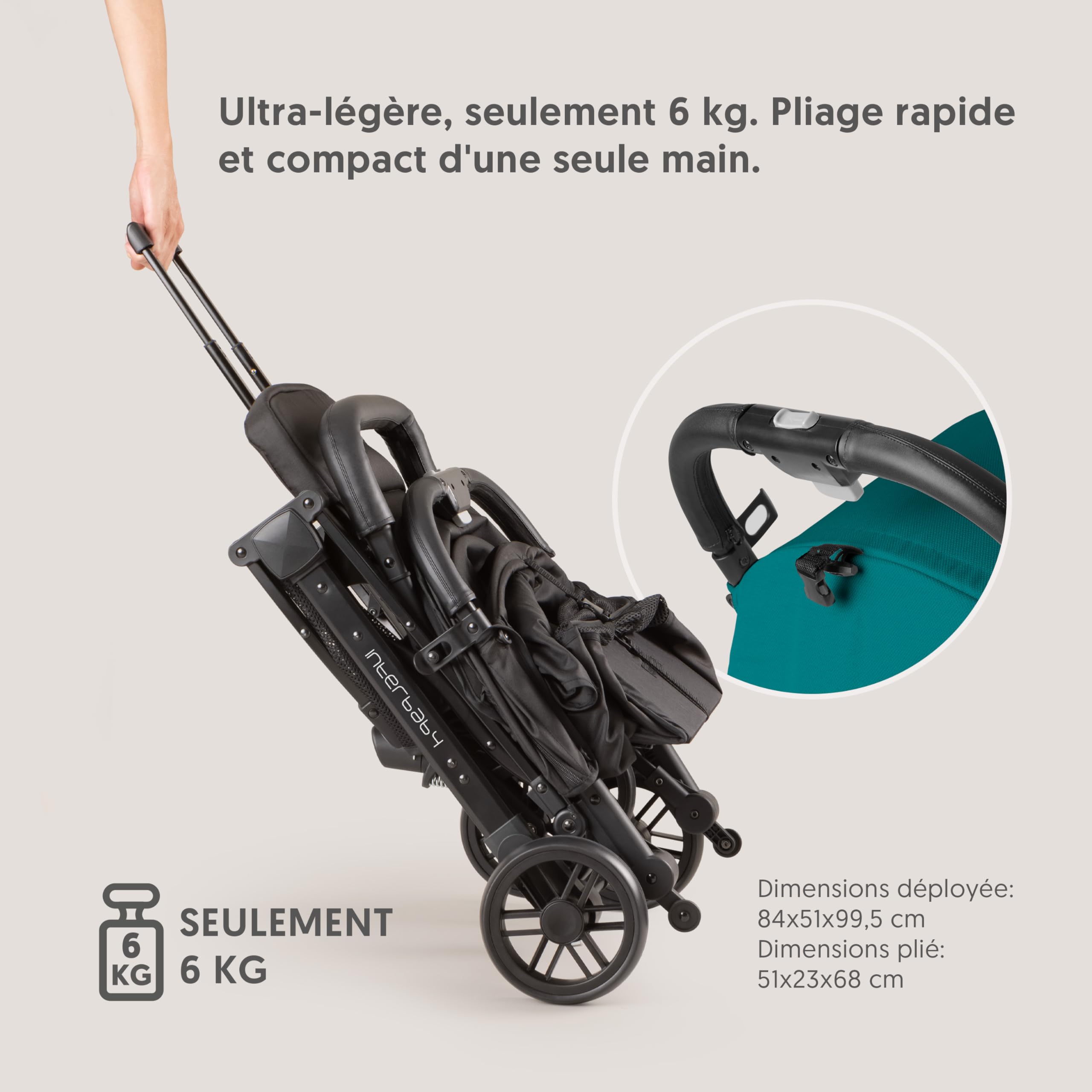 Interbaby Poussette Canne Compacte Légère Cabine Avion 22 kg (Vert) | Poussette pliage une main, cabine avion, capote XXL, dossier inclinable, suspension 4 roues, dès la naissance