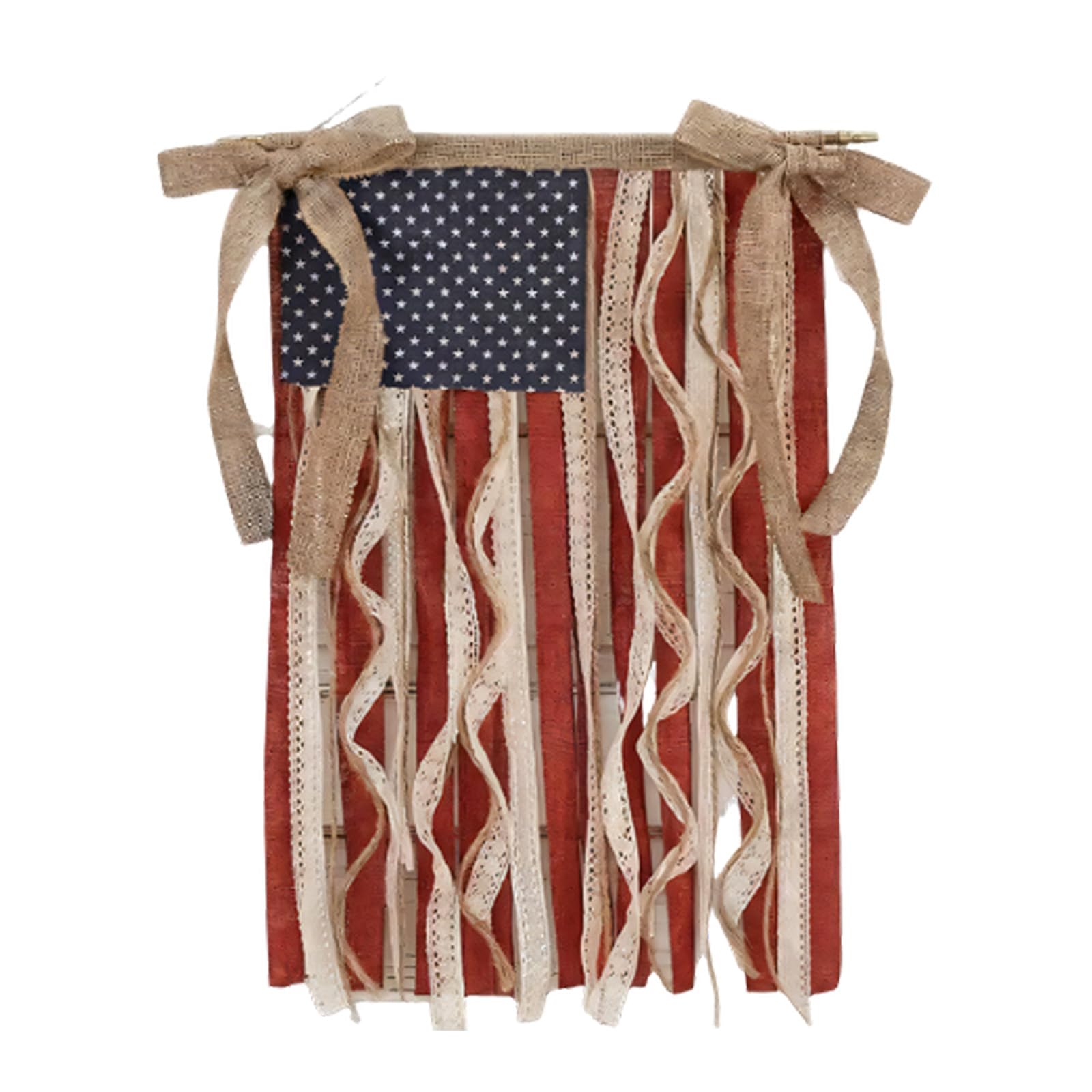 XAGMODSHN US Flag Wall Decor 19.7 X 10.7 Inch Burlap Patriotic with Ribbon Strands, Wood Dowel, and Cord for July 4th Home Party Decor Memorial Day Flags