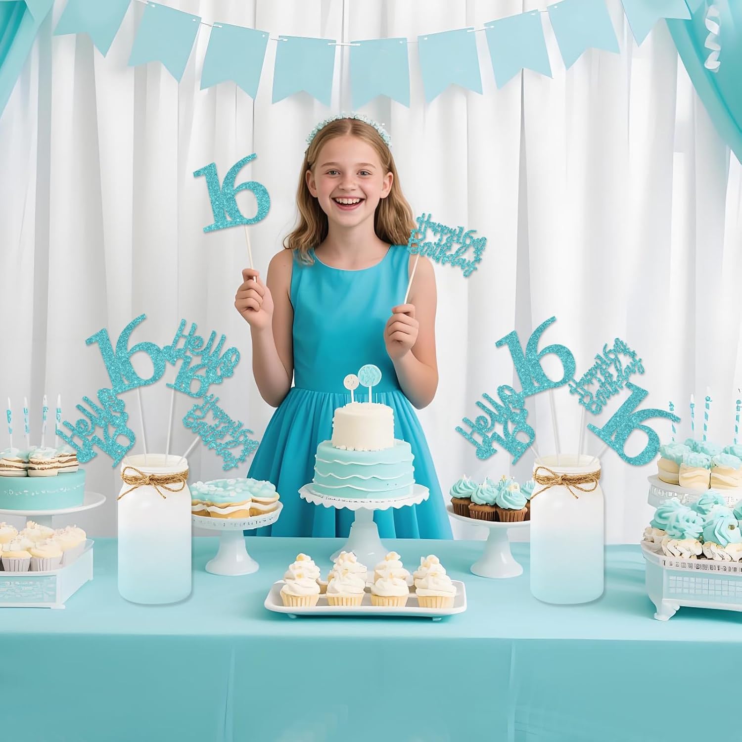 Funmemoir Happy 16th Birthday Decorations Girl - 15PCS Teal Blue Glitter Table Centerpiece Sticks, Cheers to 16 Years Turquoise Party Supplies for Sweet Sixteen Table Decor