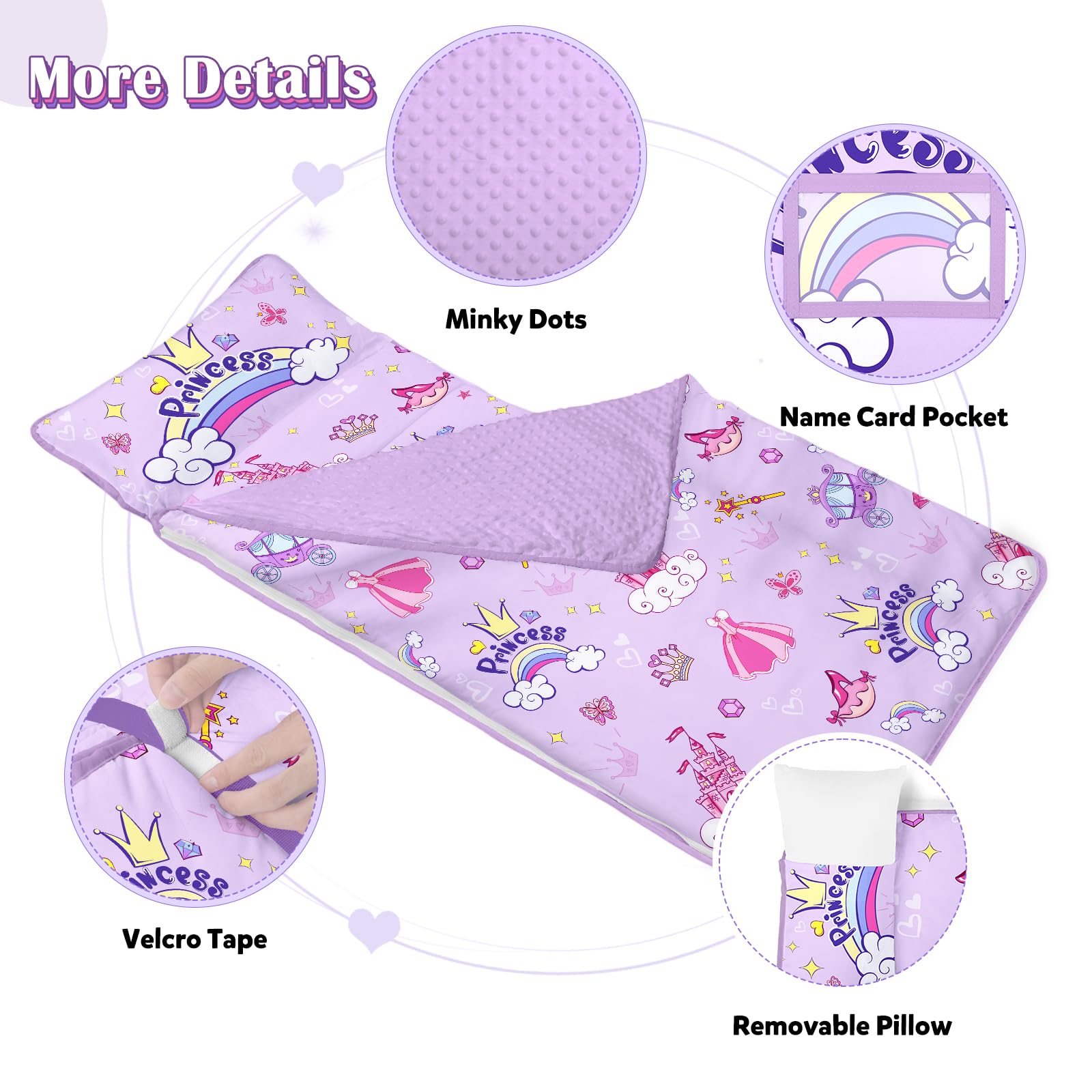 Kids Sleeping Bag,Nap Mat with Removable Pillow and Blanket,Warm Toddler Slumber Bag 150x60cm for Toddlers Boys Girls Roll Up Kids Sleeping Mat for Bedroom Daycare Kindergarten,Princess Castle - Image 3