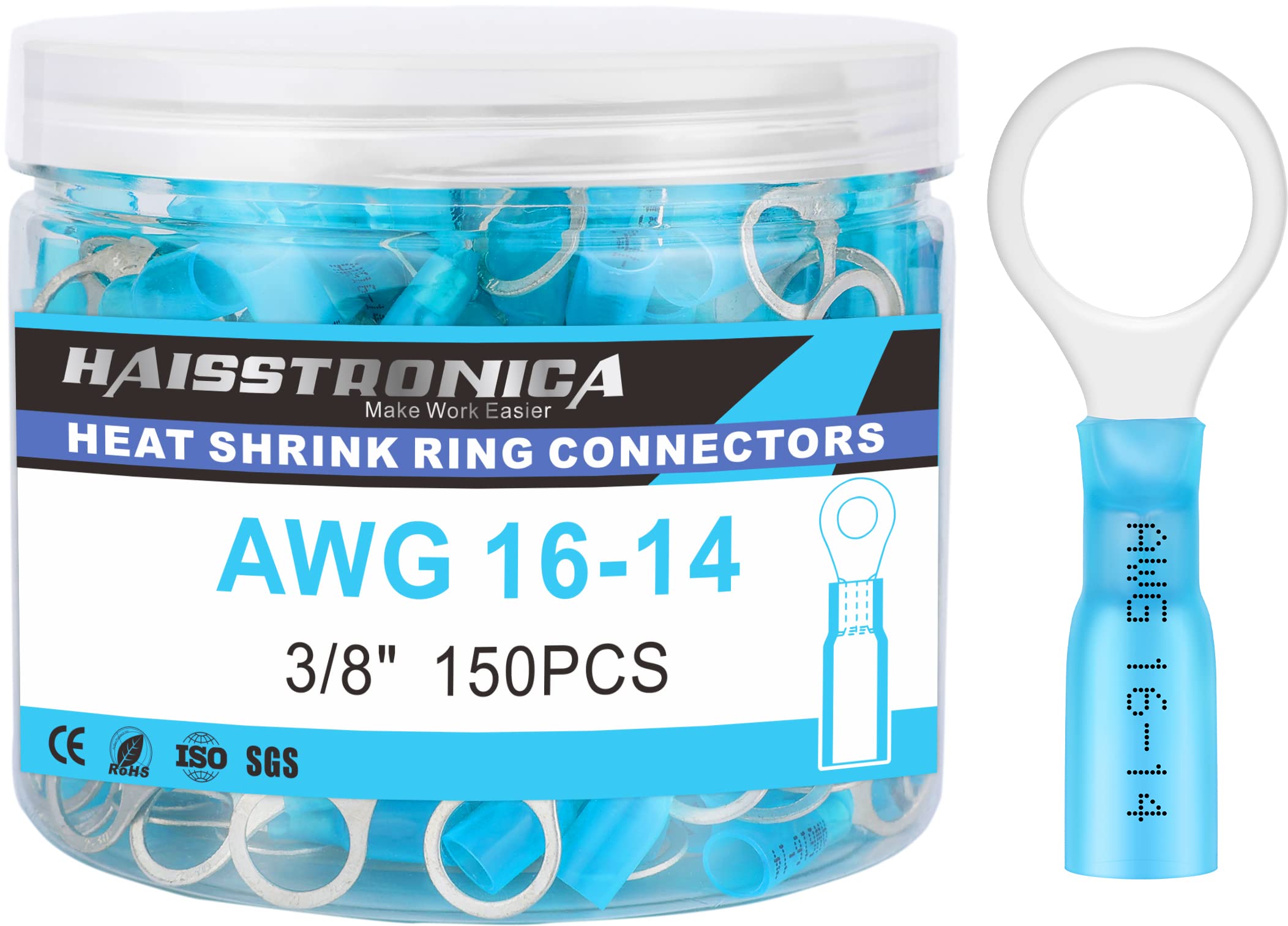 Haisstronica 150pcs 3/8" Blue Marine Grade Heat Shrink Ring Connectors-Tinned red Copper 0.7mm Ring Terminal Connectors-Heat Shrink Wire Connectors-Insulated Electrical Crimp Terminals 16-14 Gauge