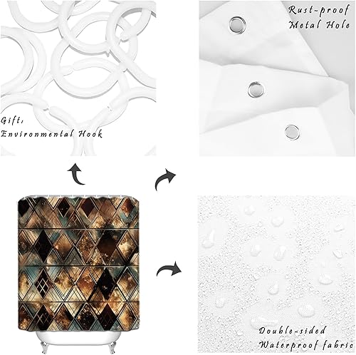 Miniatura 7 de Juego de cortinas de ducha impermeables con 12 ganchos, diseño geométrico de rombos dorados, negro, azul, 72 x 72 pulgadas, cortina de ducha para