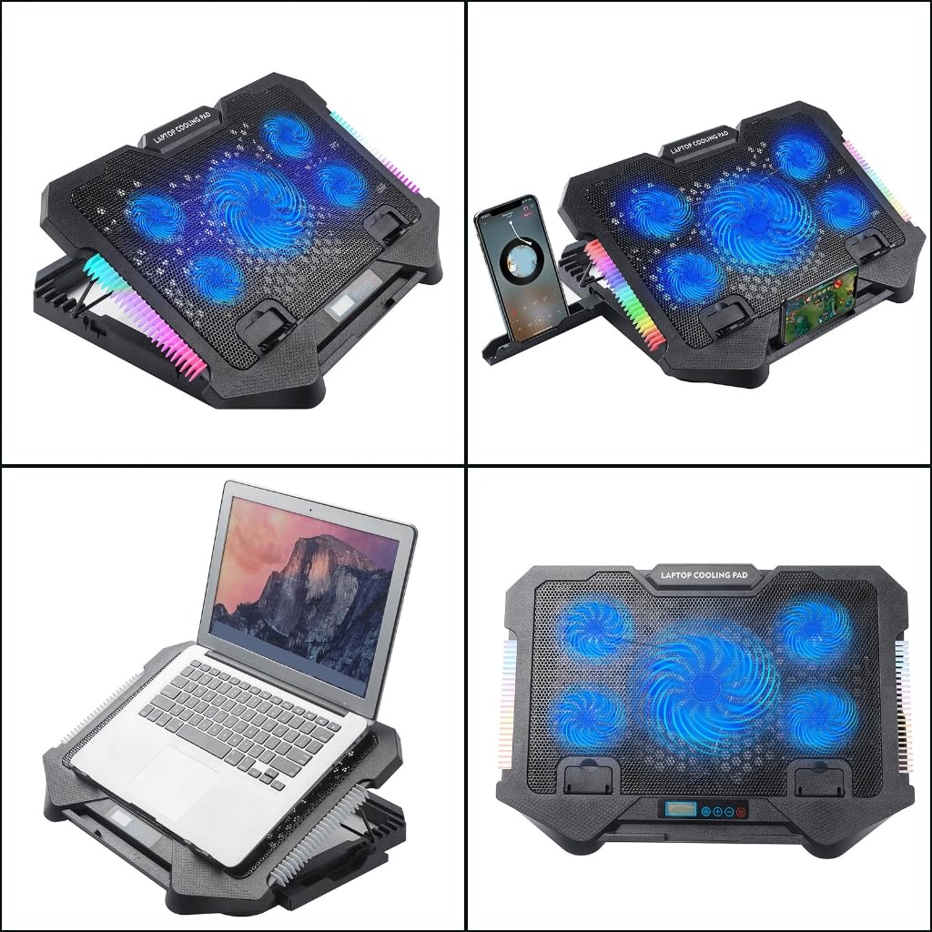 Almohadilla de refrigeración para laptop, luces LED, ventilador para laptop, 2 puertos USB, ventilador LED, 2 puertos USB, soporte para teléfono, soportes de altura