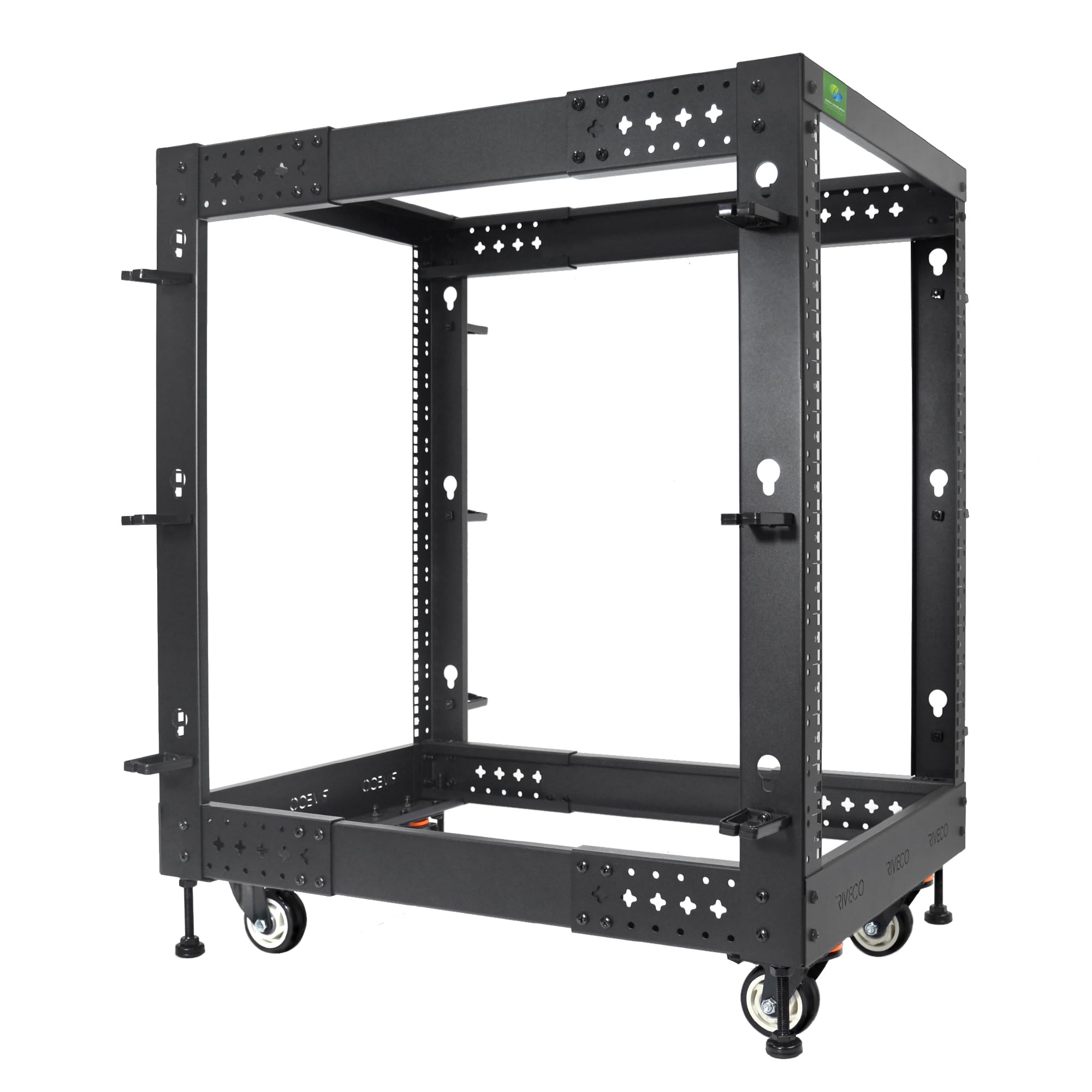 RIVECO 15U Server-Rack, verstellbare Tiefe, Netzwerk mit 4 Pfosten, offener Rahmen mit Nivellierfüßen und Rädern, vollständig Nieten, 635 kg
