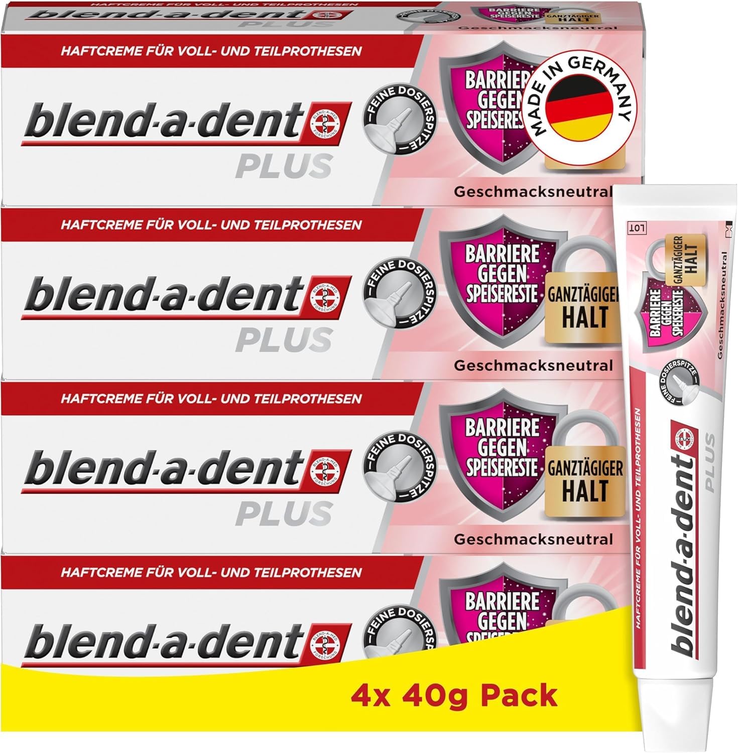 Blend-a-dent Plus barriera contro i residui di cibo, crema adesiva premium, per protesi complete, insapore, 4 x 40 g