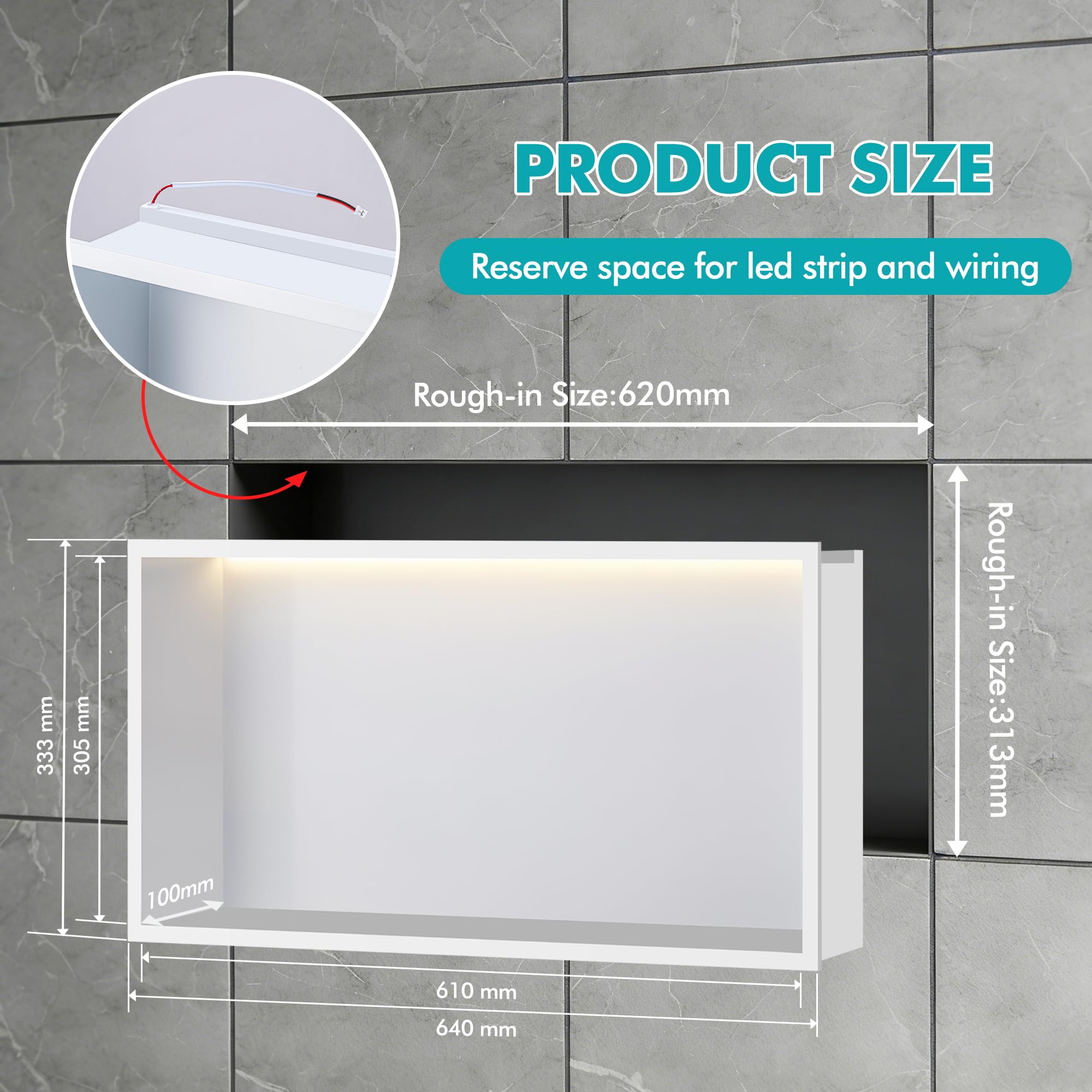 FTL Wandnische Dusche mit LED Weiß,Duschnische mit 3000K Warmweiss Beleuchtung(Nicht Dimmbar) 60x30cm,304 Edelstahl LED Wandnische Badezimmer Keine Fliesen Erforderlich
