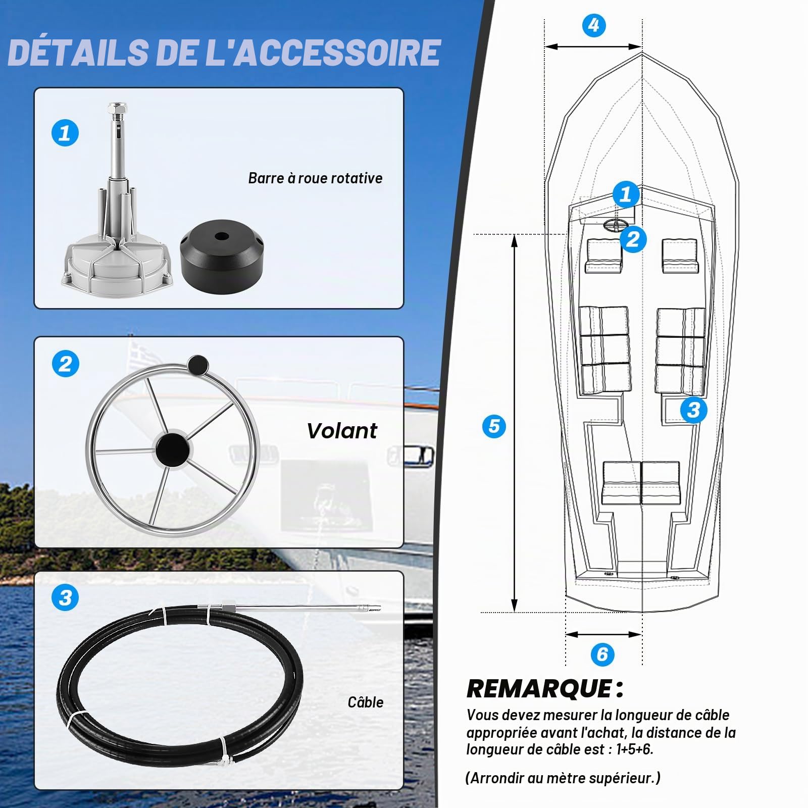 Boats Kit de direction mécanique pour moteur hors-bord avec volant et câble long pour bateaux de pêche, yachts et autres véhicules nautiques (426,7 cm)