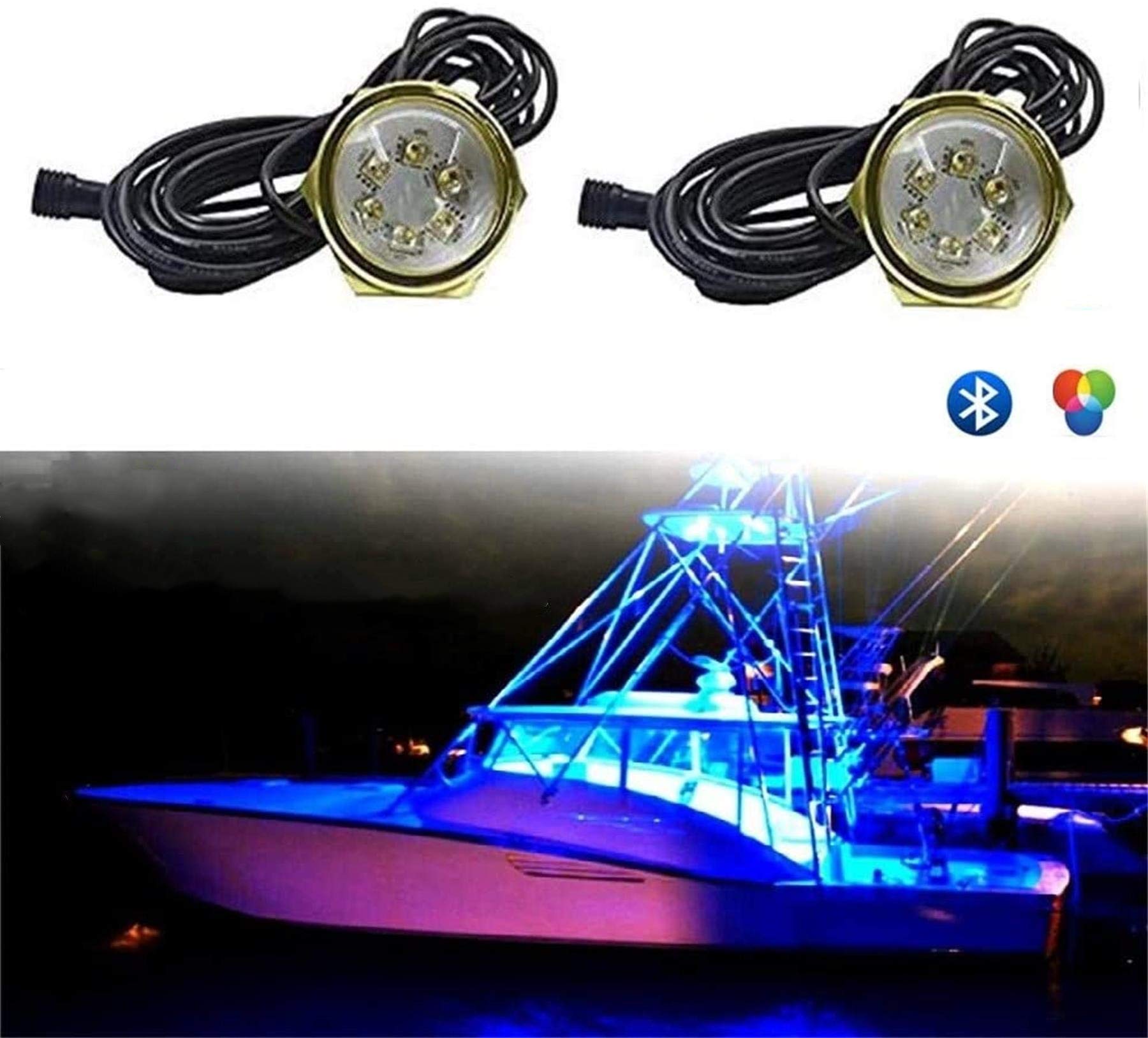 2pc 54W COB LED Boat Light RGB LED Boat Lights with RGB remoate Controller - 2 Pods Ip68 Water-Proof Marine Boat Drain Plug LED Light Underwater Lights Waterproof Boat Light