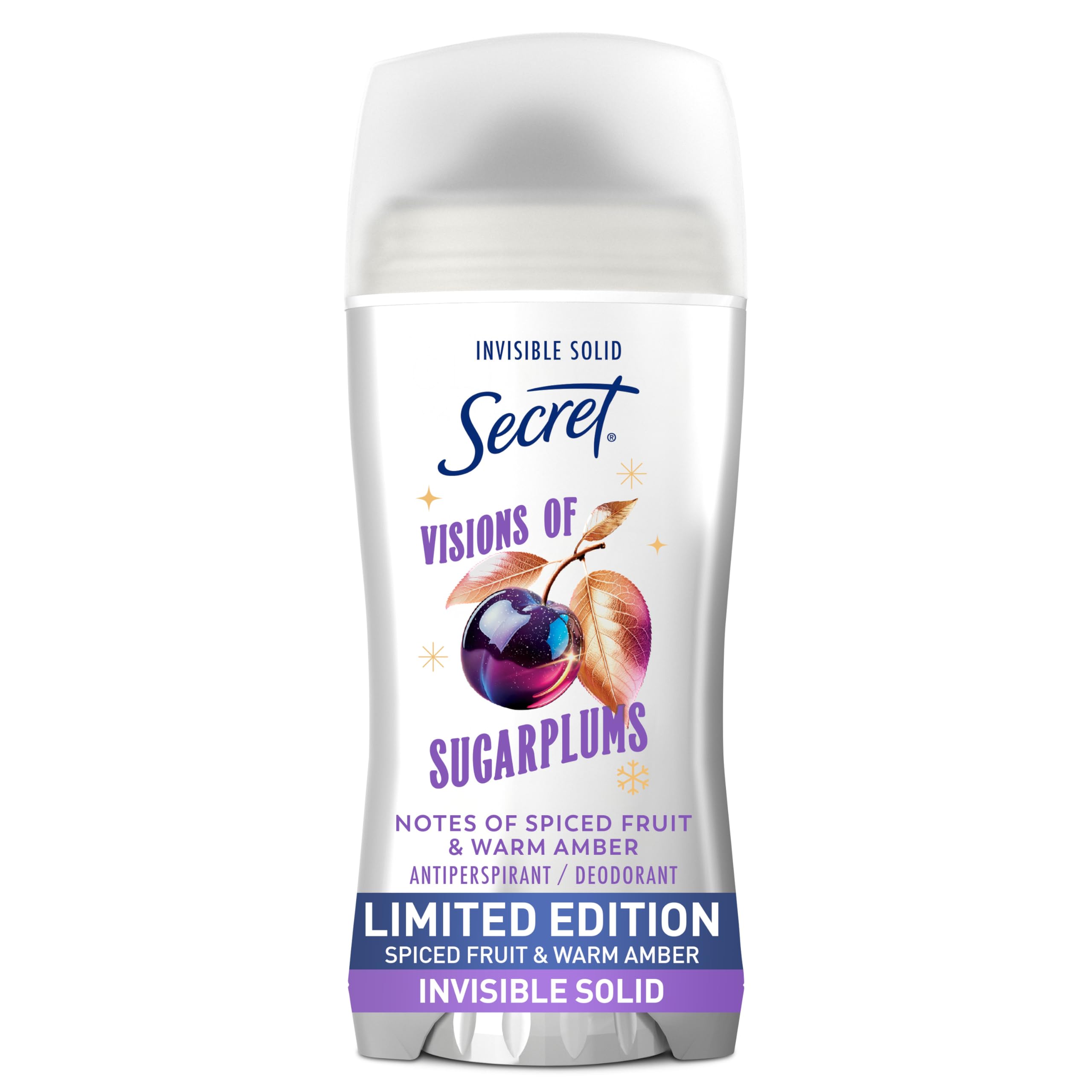 Secret Fresh Antiperspirant Deodorant for Women, 72hr Breathable Odor Protection with Pro-Hyaluronic Acid, Holiday Invisible Solid, Visions of Sugarplums with Spiced Fruit & Warm Amber Scent, 2.6 oz