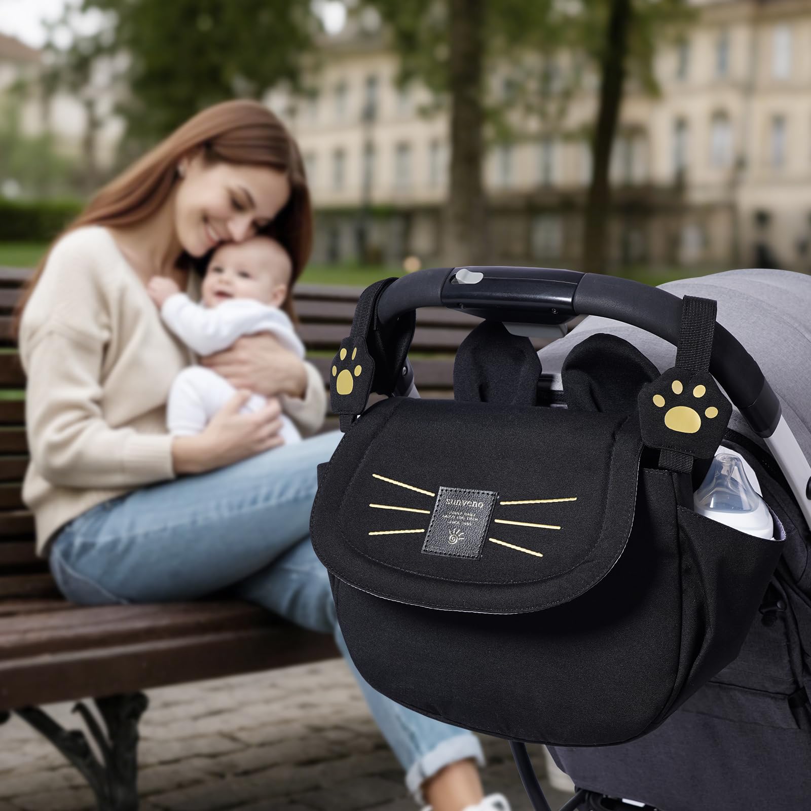 Sunveno Kinderwagen Tasche Wickeltasche – große Kapazität Mama Reisetasche Mutterschaft Organizer mit vielen Fächern, als Schultertasche tragbar (schwarz)