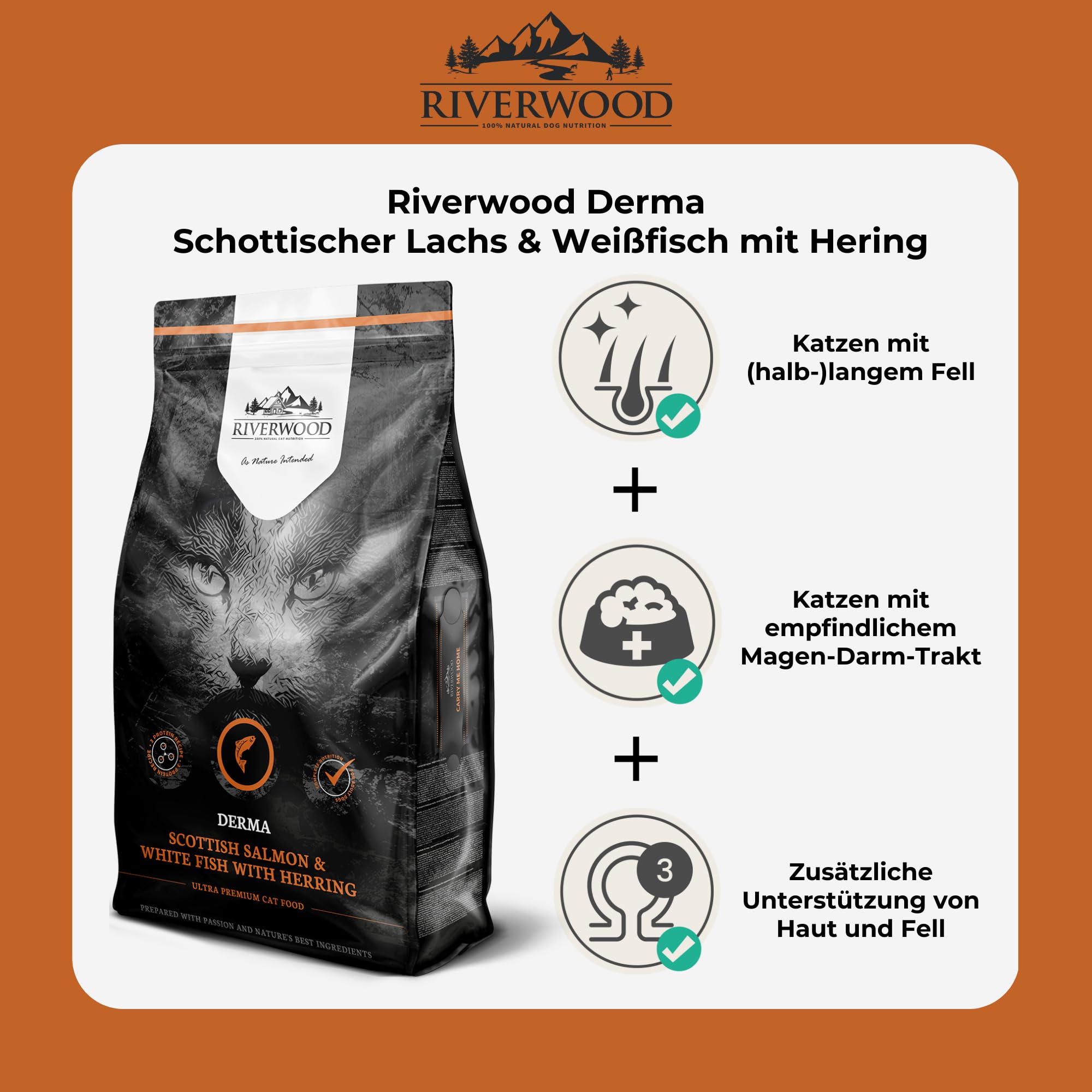 Riverwood Derma Katzenfutter | Schottischer Lachs & Weißfisch mit Hering | Ultra Premium Getreidefreies Trockenfutter | Hoher Fleischanteil | Für Haut- und Fellgesundheit | 6 KG