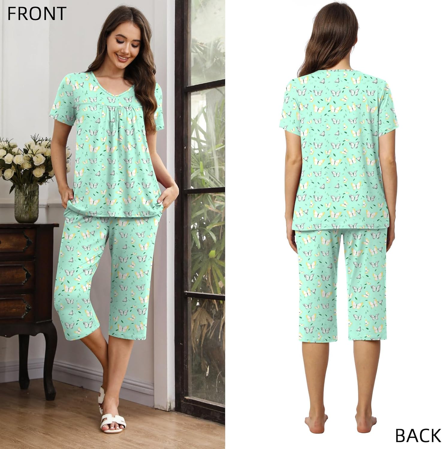 Aodemo Womens Capri Pajama Sets 2 Piece Summer Loungewear Ladies Pjs Set Sleepwear with Pockets - Image 2