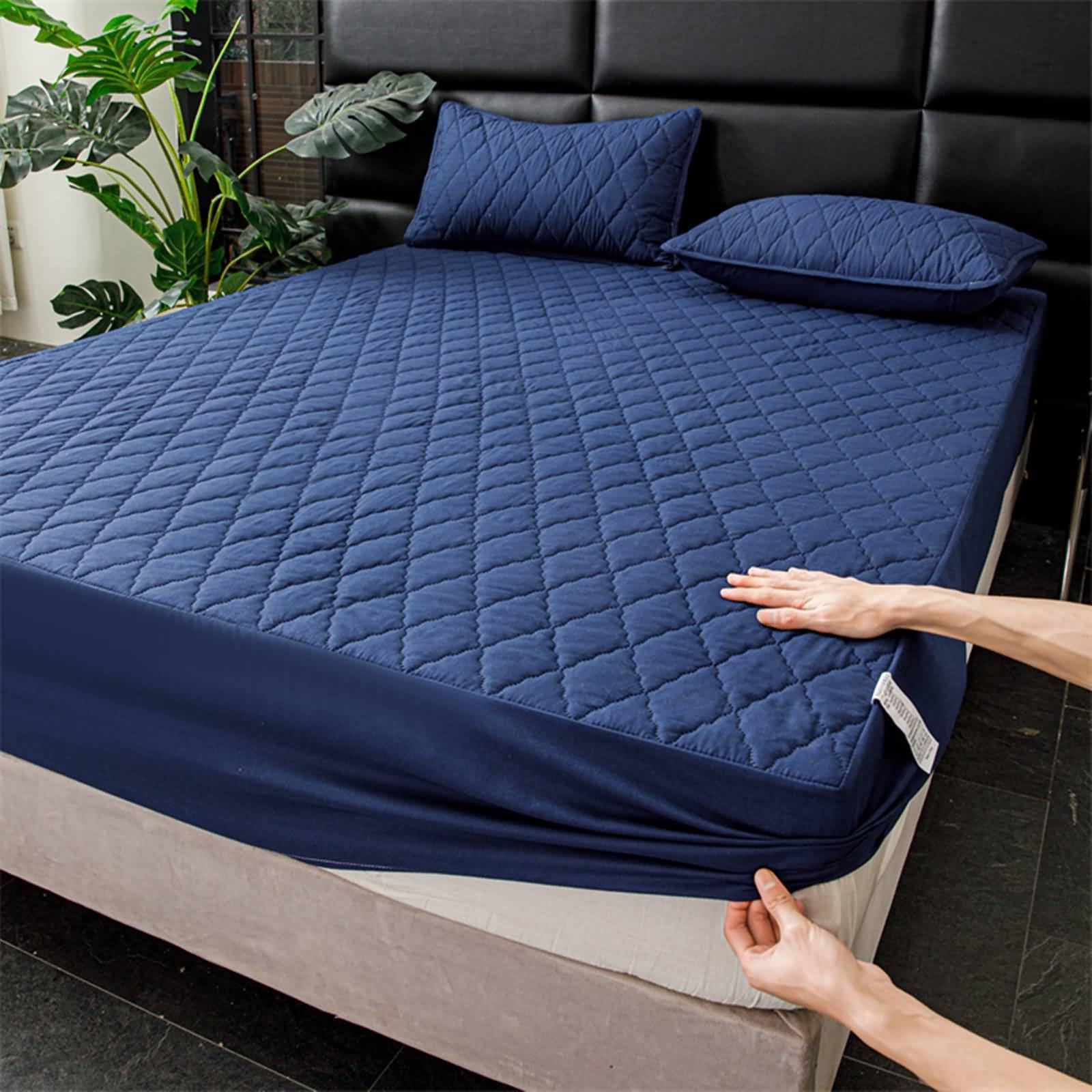 Set 3 Pezzi Lenzuolo Singolo Poliestere Cotone con Angoli, Tinta Unita con Motivo a Rombo, 120 x 200 CM + 2 Federe, Blu Navy