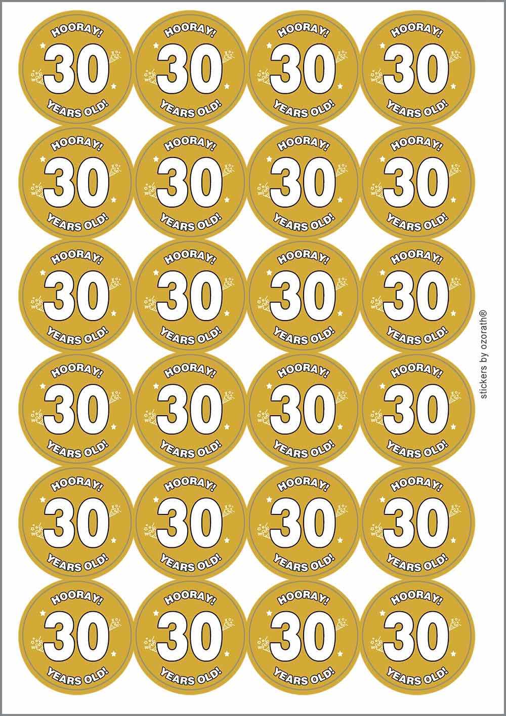 Hooray 30 Thirty Thirtieth 30th Birthday Circular Matt Paper Stickers A4 Sheet of 24 (Each Sticker is 45mm Diameter)