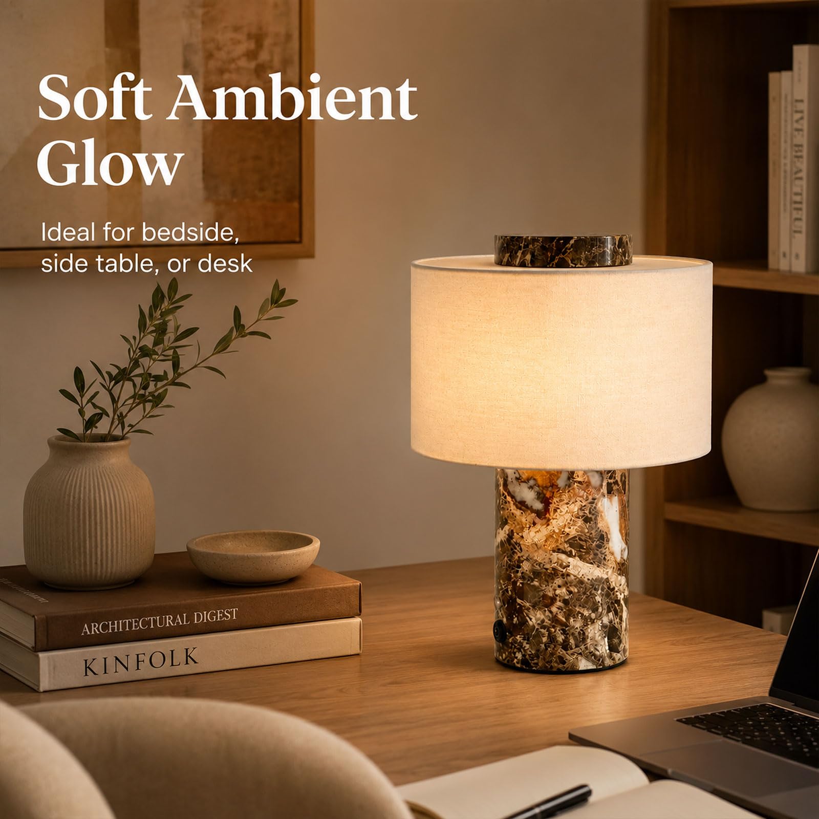 Lampe De Table En Marbre Rechargeable Sans Fil, À Intensité Réglable Par Effleurement, LED Avec 3 Températures De Couleur, Batterie 5 200 MAh, Abat-jour En Lin, Pour Chambre, Salon Ou Bureau