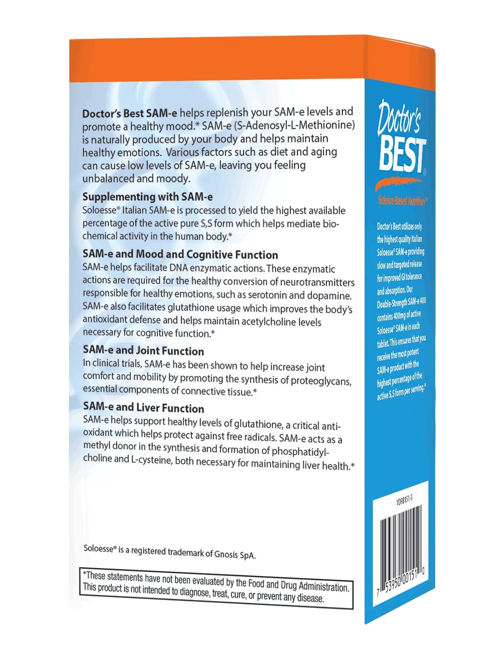 Doctor's Best SAM-e 400 mg, Vegetarian, Gluten Free, Soy Free, Mood and  Joint Support, 30 Enteric Coated Tablets