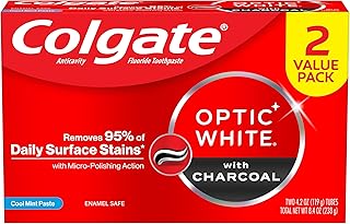 Colgate Optic White Whitening Toothpaste with Charcoal, Whitening with Charcoal Toothpaste Pack, Removes Daily Surface Stains, Enamel-Safe for Daily Use, Vegan, Cool Mint Paste, 2 Pack, 4.2 oz