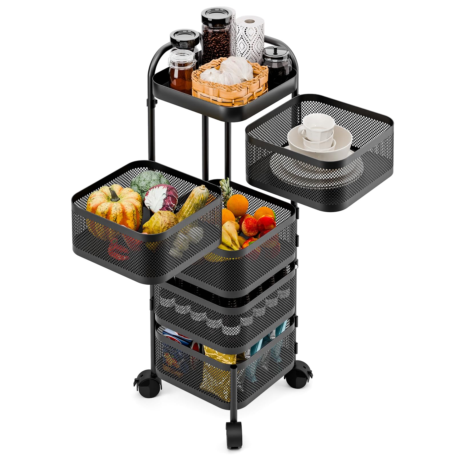 Rotating Storage Rack for Kitchen,Rotating Trolley Rotating Storage Cart Organizer Square Kitchen Trolley, Rotating Kitchen Storage Shelves,Fruit Basket Floor Stand Shelf Fruit Tower Five Layers