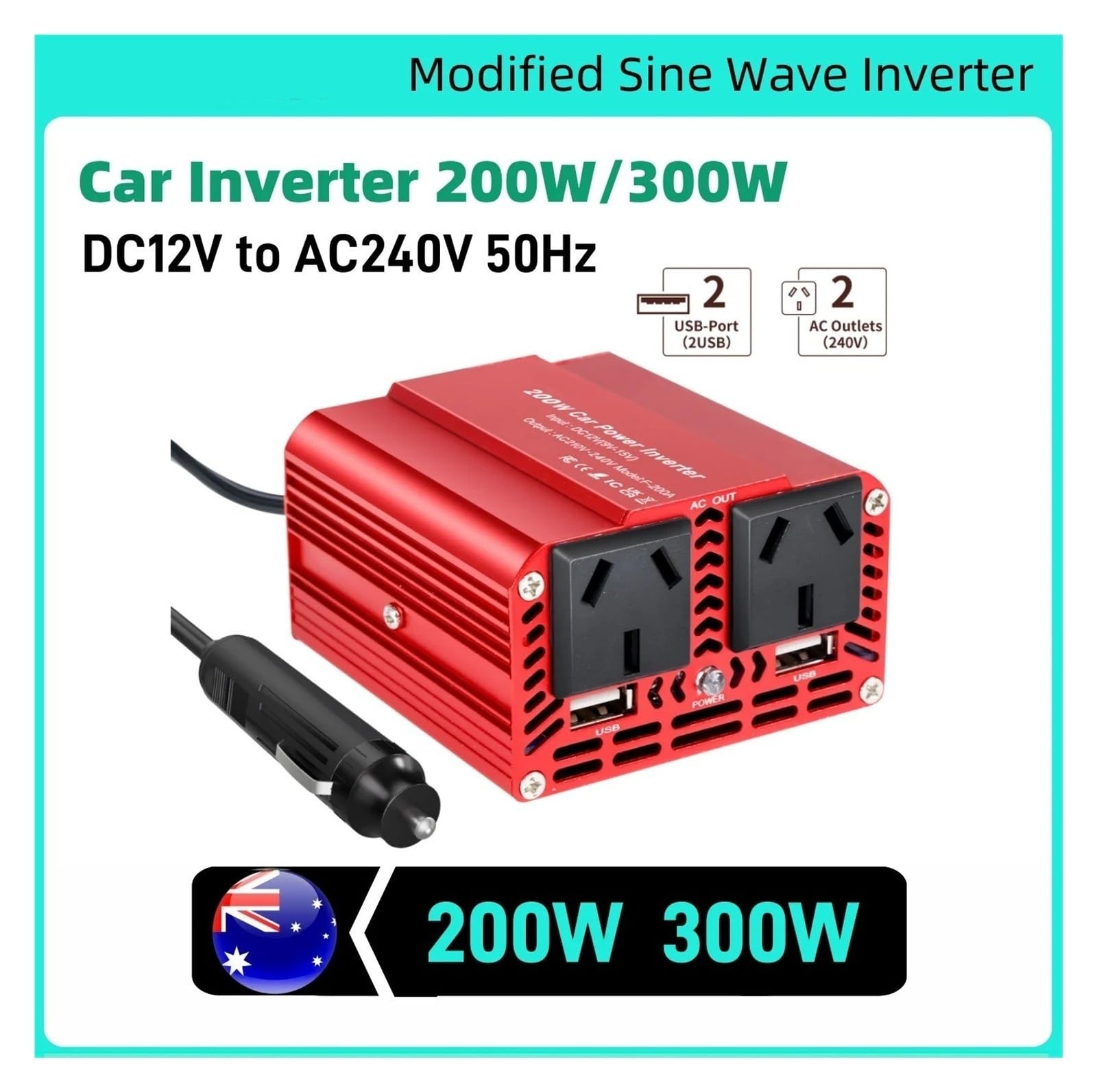Convertidor Adaptador Inversor Coche 300W 200W Portátil 12V 220V 240V Convertidor Encendedores Cigarrillos Salida USB Carga Rápida Teléfono/PC/cámara inversor