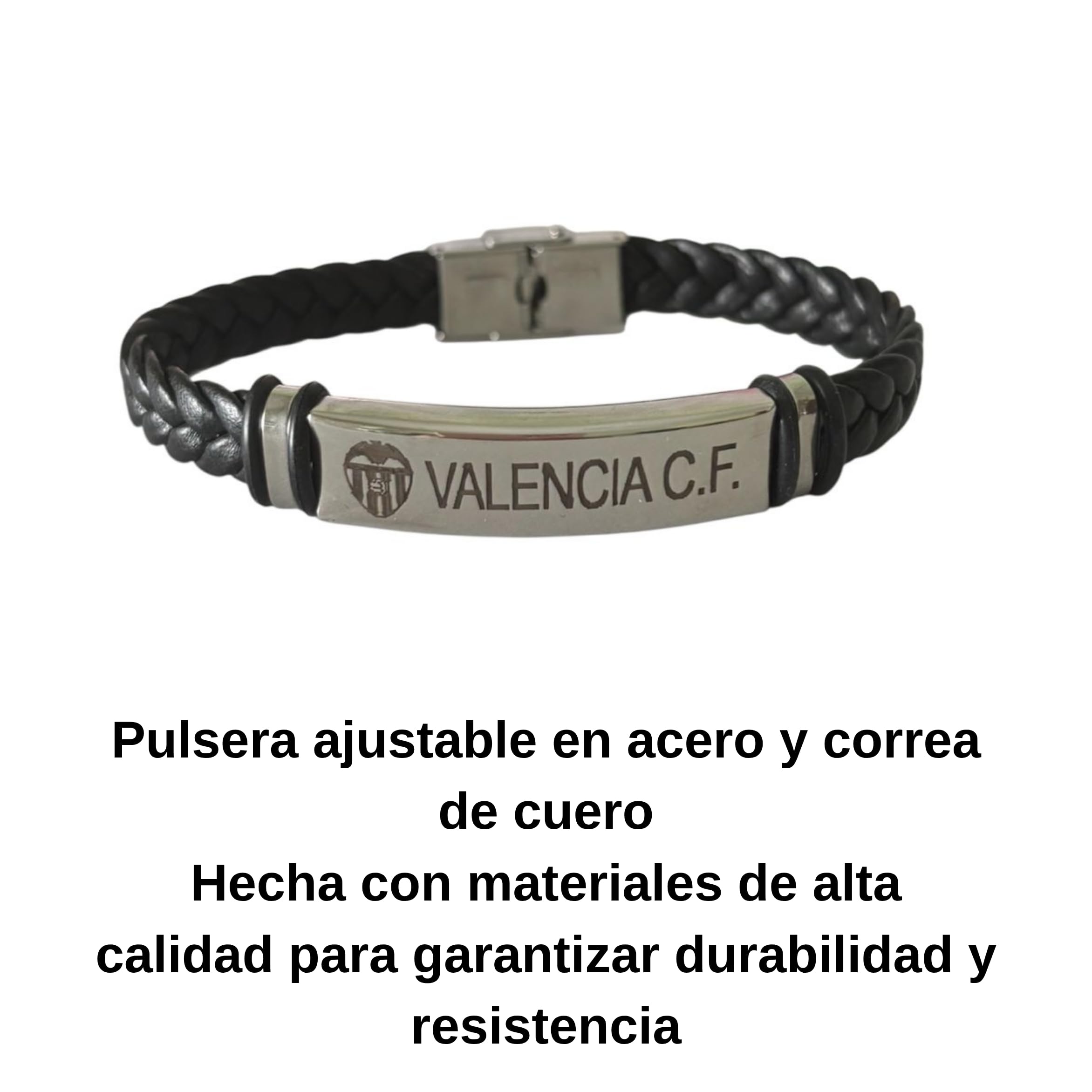 Genérico Pulsera ajustable en acero y cuero - Escudo VALENCIA C.F. - Presentada en caja para regalo - Regalo para hombre o mujer