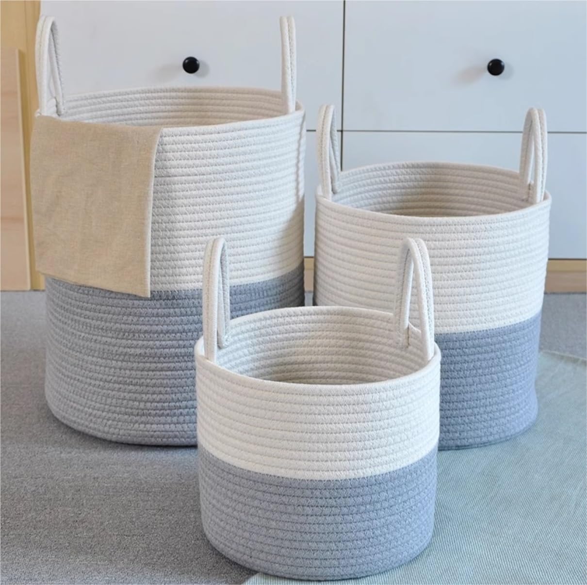 Cesto Bucato Cesto per Biancheria in Corda di Cotone con Manici per Vestiti per Intrecciato per Camera da Letto Dormitorio College Accessori per Bagno(A,35 * 40cm)
