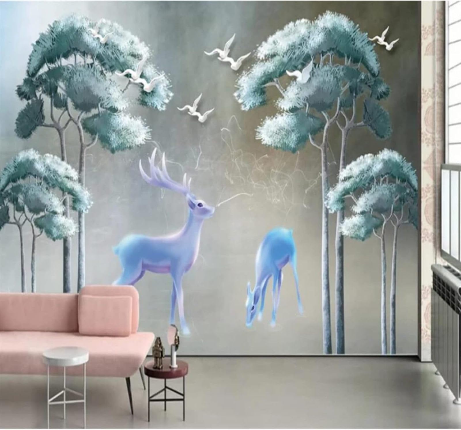 XLMING Light Blue Ginkgo Tree Elk Birds in Flight Landscape 3D Wallpaper Luxury Silk Study Dining Feature Sofa Grey Bedroom Living Room Tv Decorative Wall-300cm×210cm